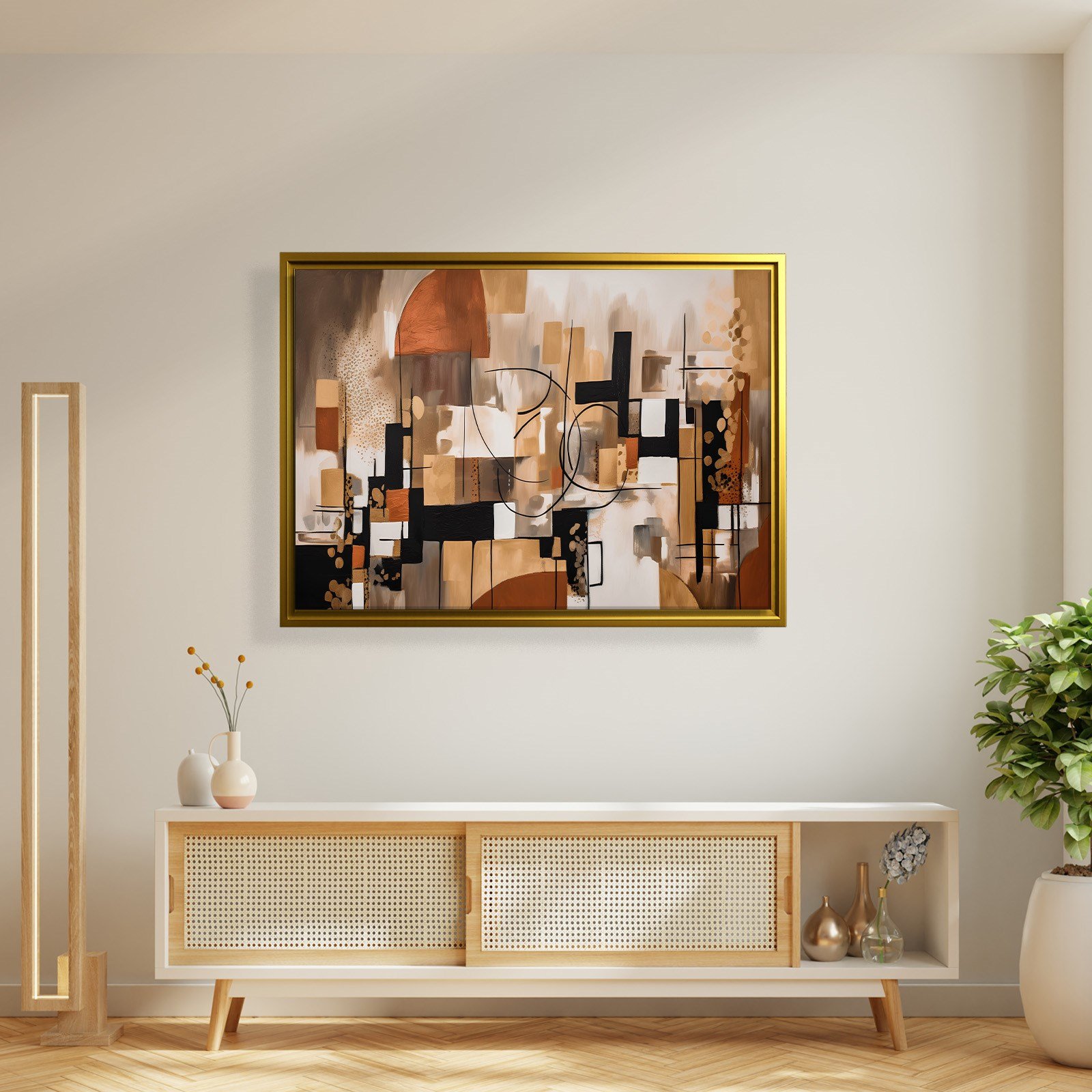 Bohem Denge – Siyah, Terracotta ve Gold Tonlarda Soyut Tablo