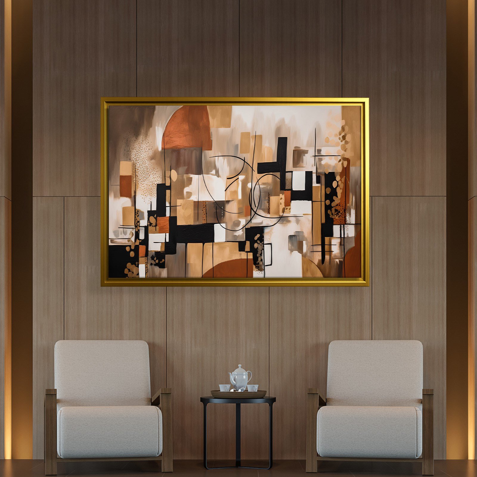 Bohem Denge – Siyah, Terracotta ve Gold Tonlarda Soyut Tablo