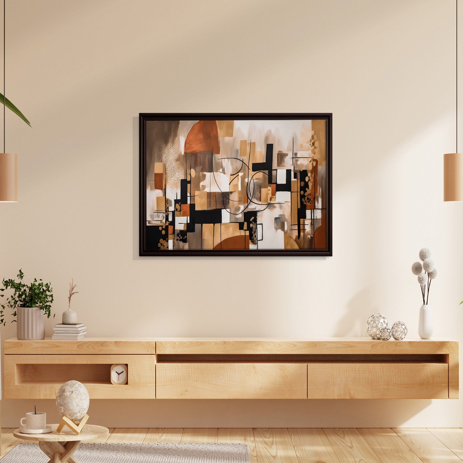 Bohem Denge – Siyah, Terracotta ve Gold Tonlarda Soyut Tablo
