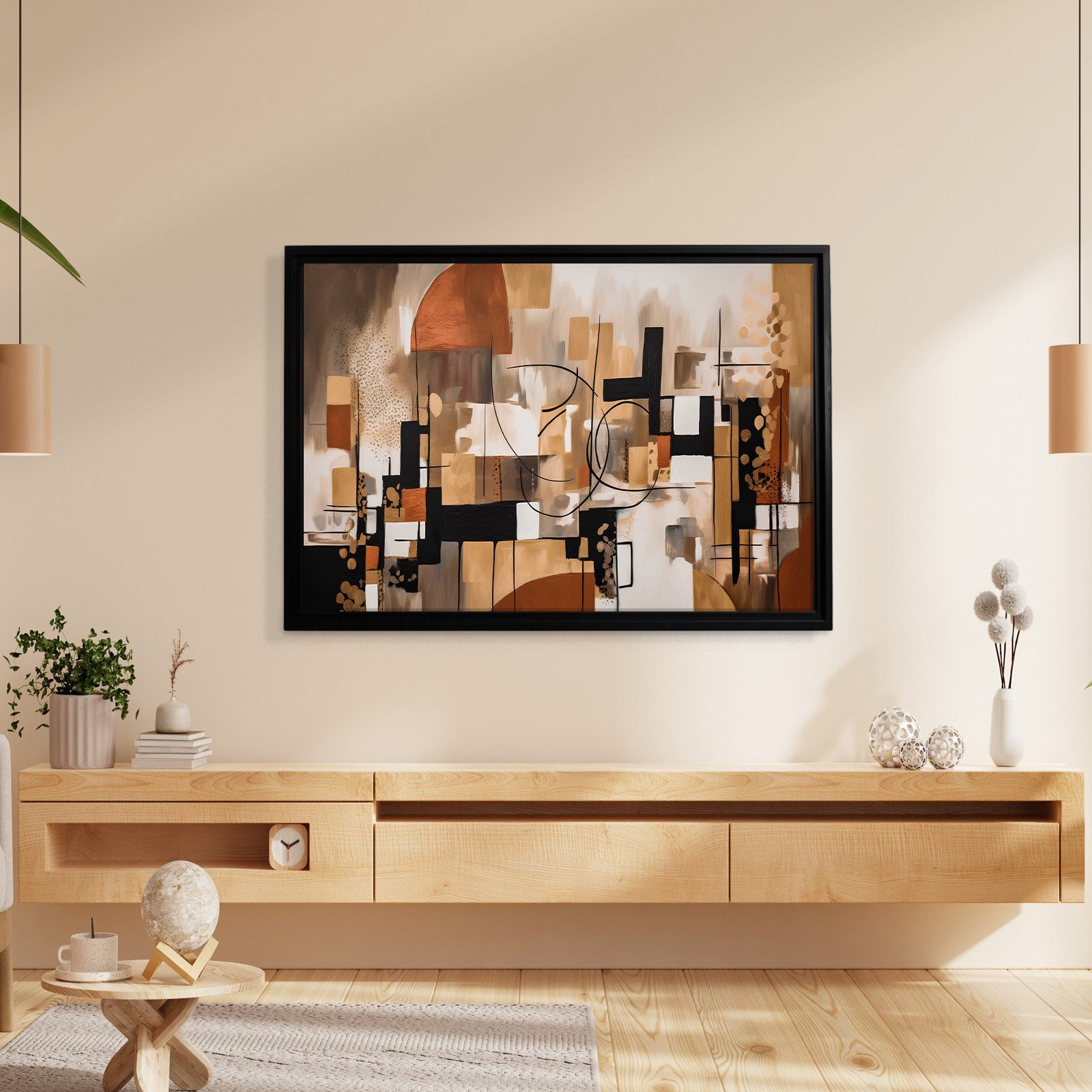 Bohem Denge – Siyah, Terracotta ve Gold Tonlarda Soyut Tablo