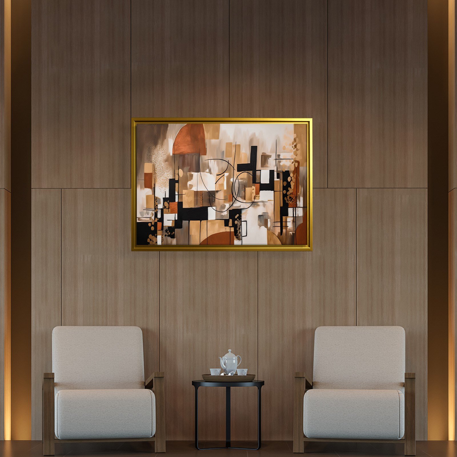 Bohem Denge – Siyah, Terracotta ve Gold Tonlarda Soyut Tablo