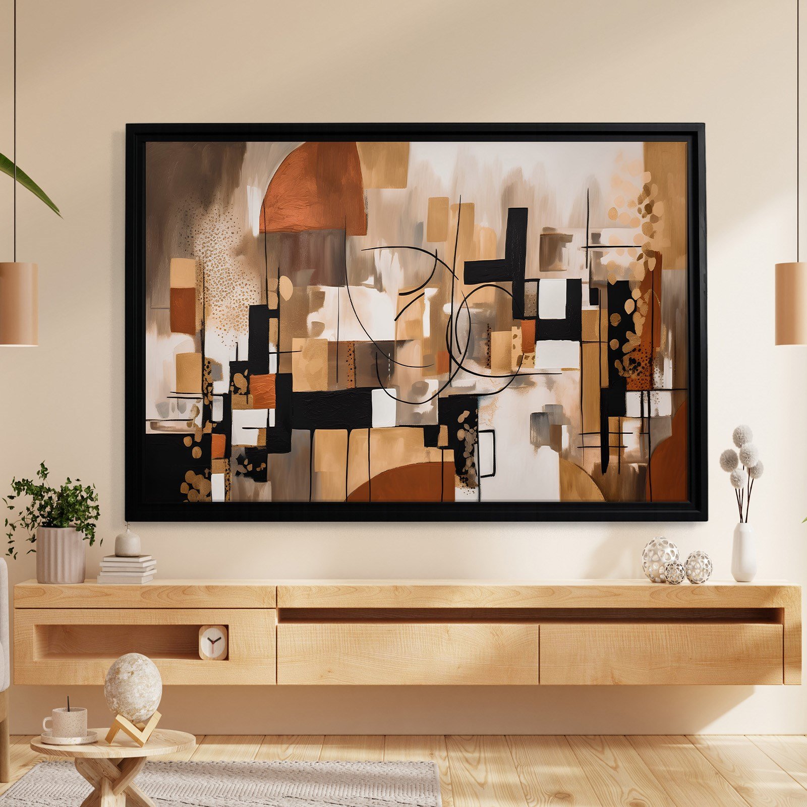 Bohem Denge – Siyah, Terracotta ve Gold Tonlarda Soyut Tablo