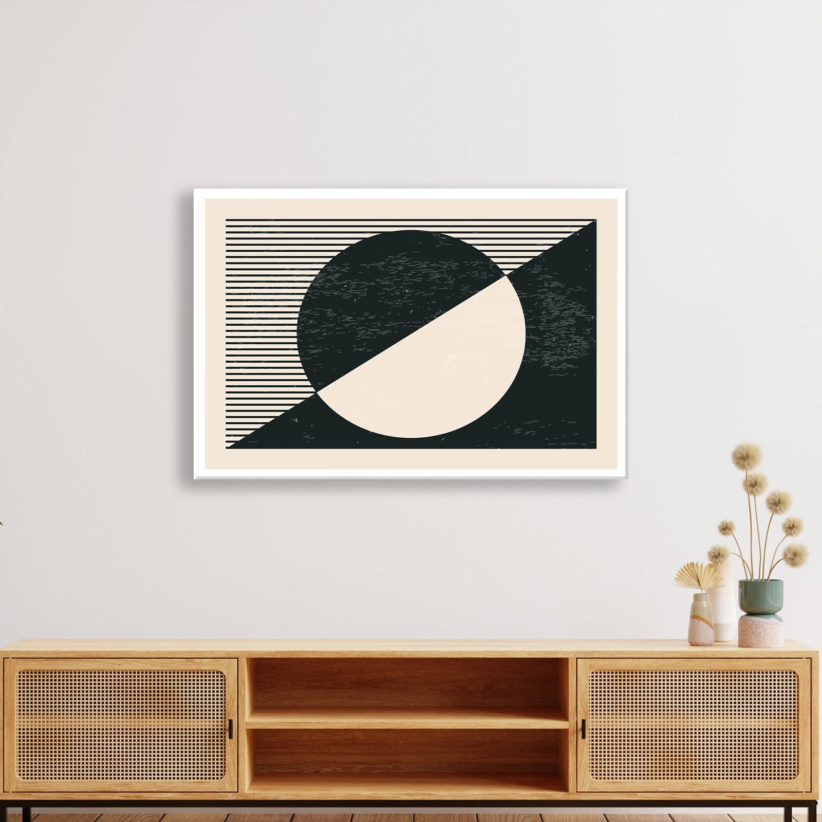 Geometrik Denge – Siyah ve Krem Bohem Soyut Kanvas Tablo