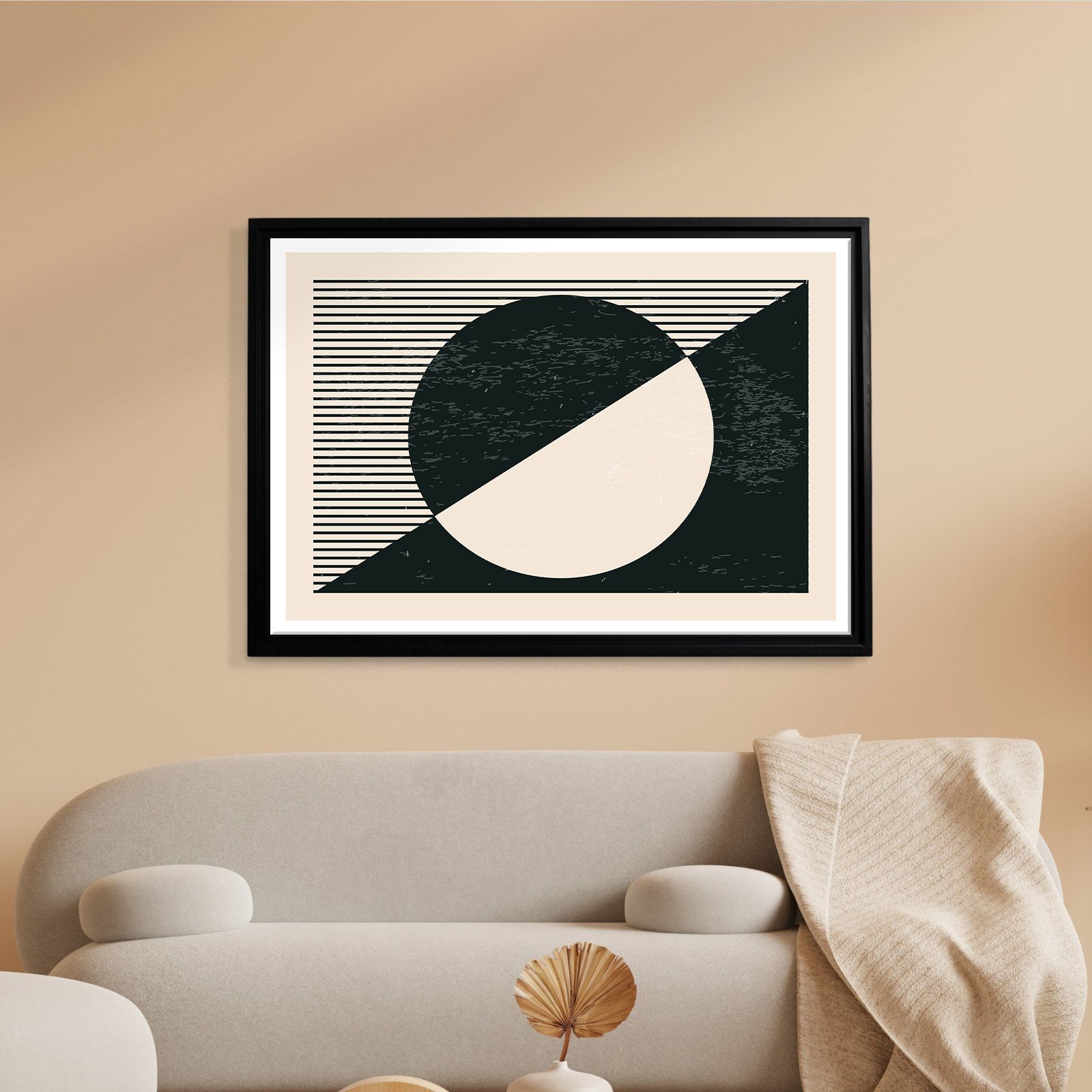 Geometrik Denge – Siyah ve Krem Bohem Soyut Kanvas Tablo