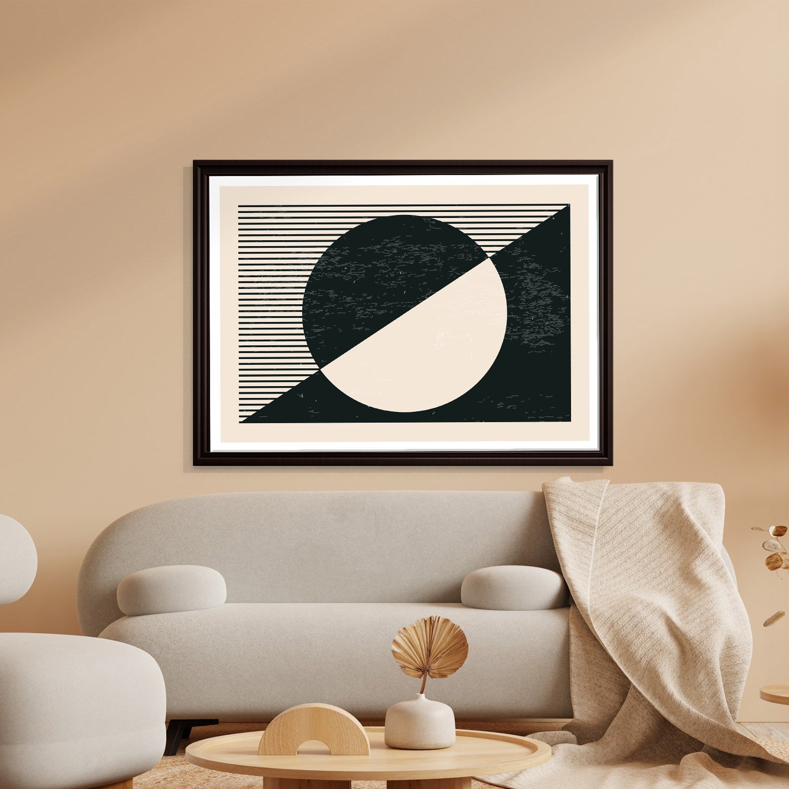 Geometrik Denge – Siyah ve Krem Bohem Soyut Kanvas Tablo
