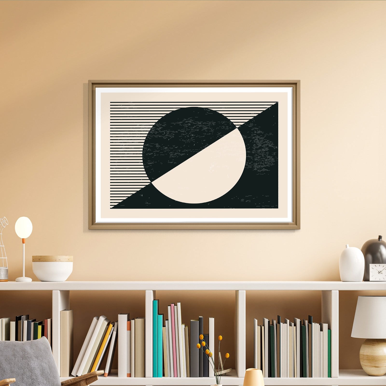 Geometrik Denge – Siyah ve Krem Bohem Soyut Kanvas Tablo