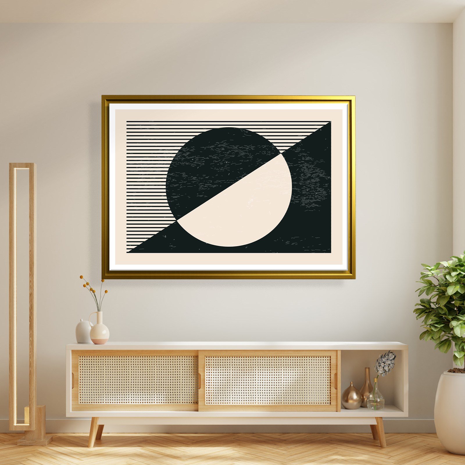 Geometrik Denge – Siyah ve Krem Bohem Soyut Kanvas Tablo