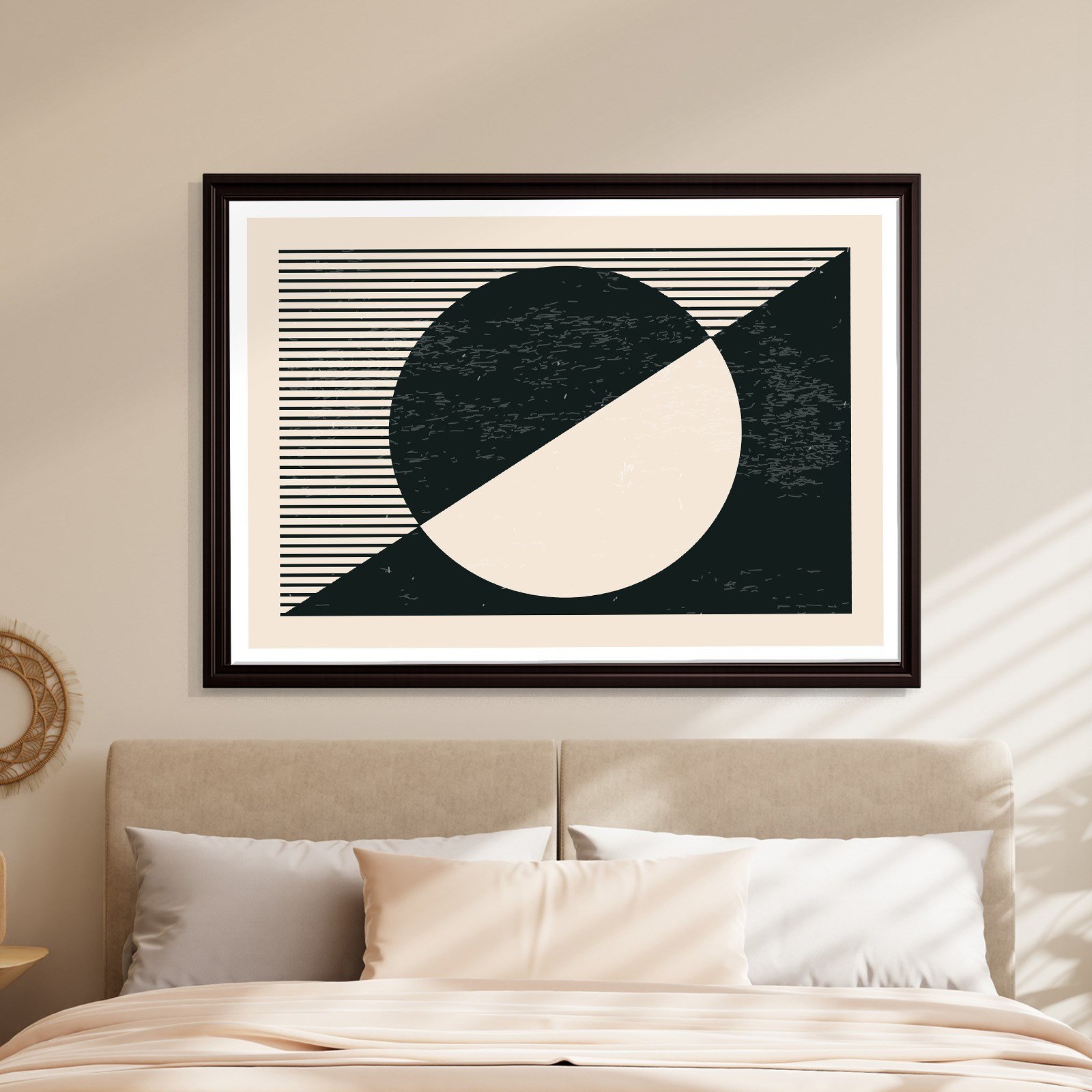 Geometrik Denge – Siyah ve Krem Bohem Soyut Kanvas Tablo