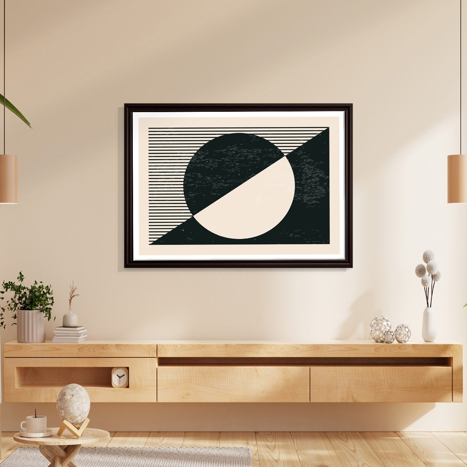 Geometrik Denge – Siyah ve Krem Bohem Soyut Kanvas Tablo