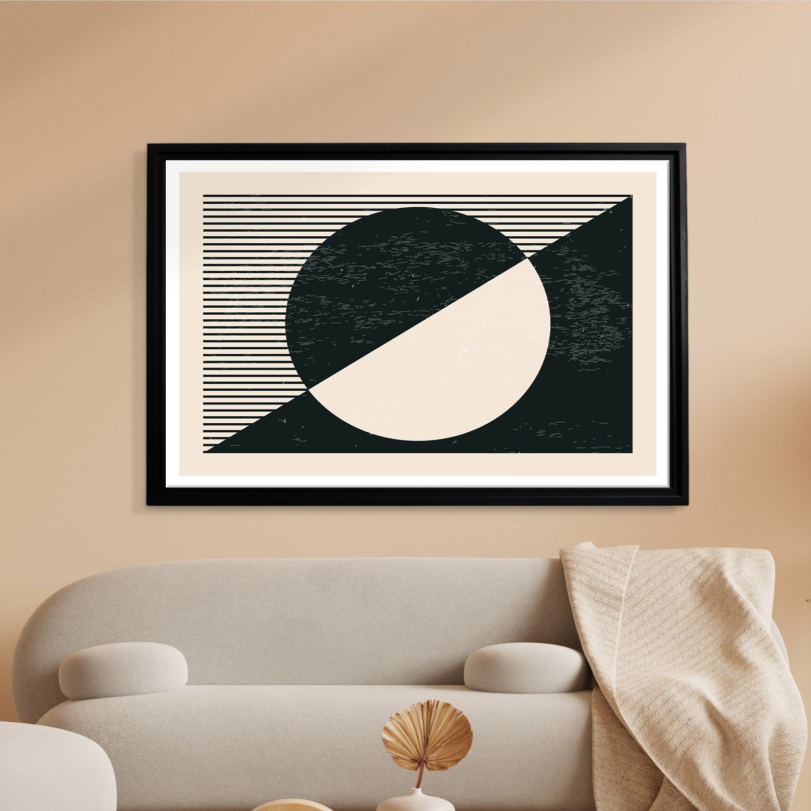 Geometrik Denge – Siyah ve Krem Bohem Soyut Kanvas Tablo