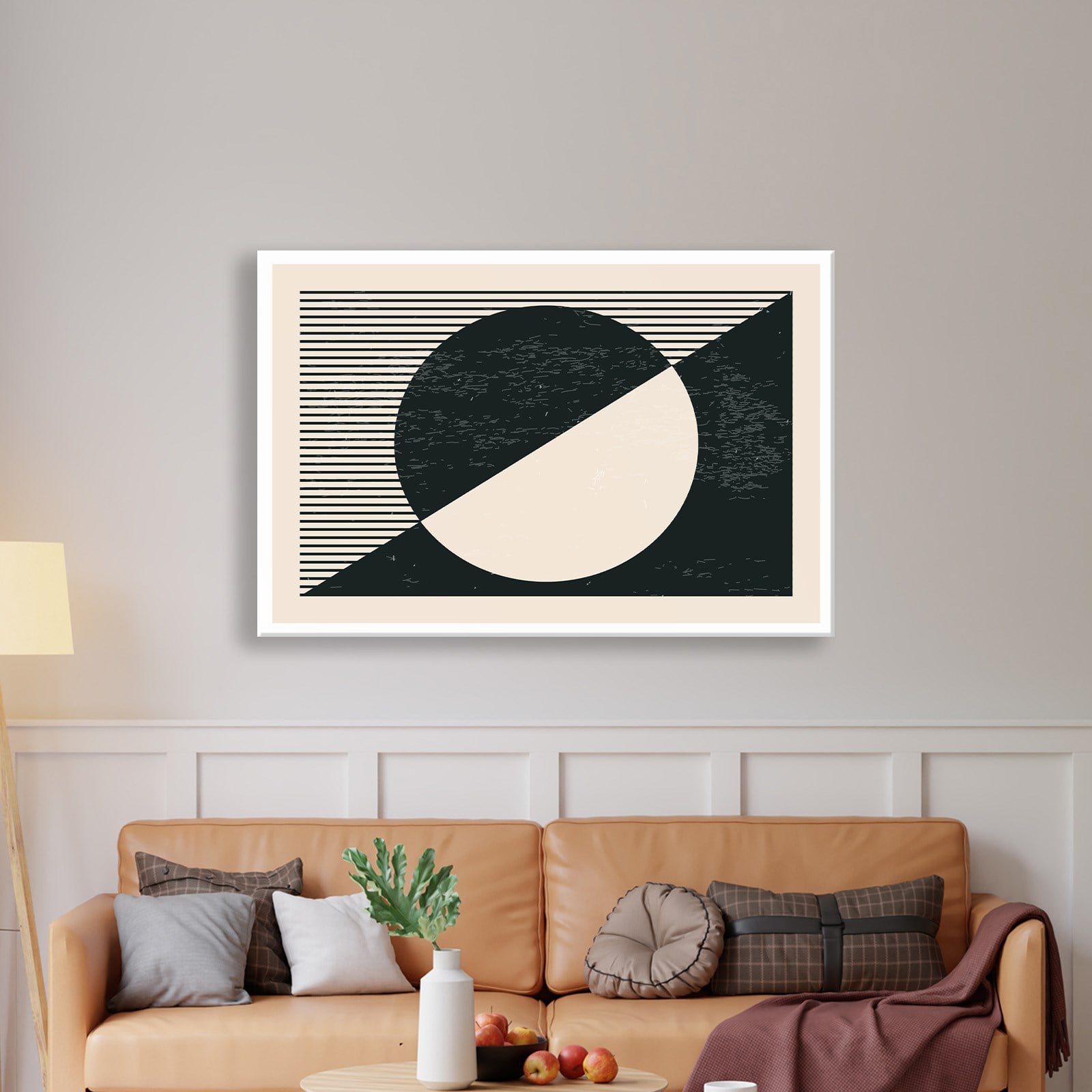 Geometrik Denge – Siyah ve Krem Bohem Soyut Kanvas Tablo