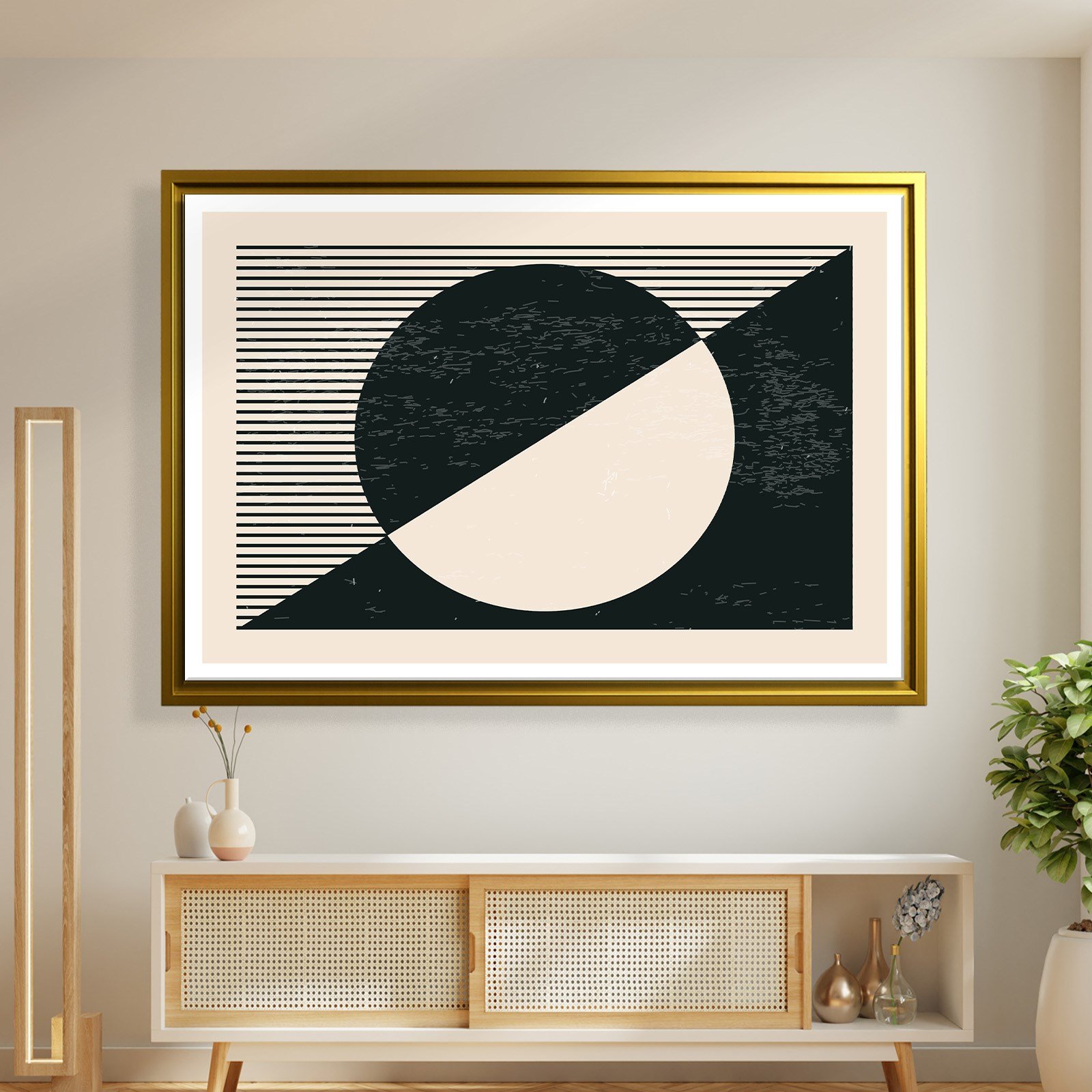 Geometrik Denge – Siyah ve Krem Bohem Soyut Kanvas Tablo