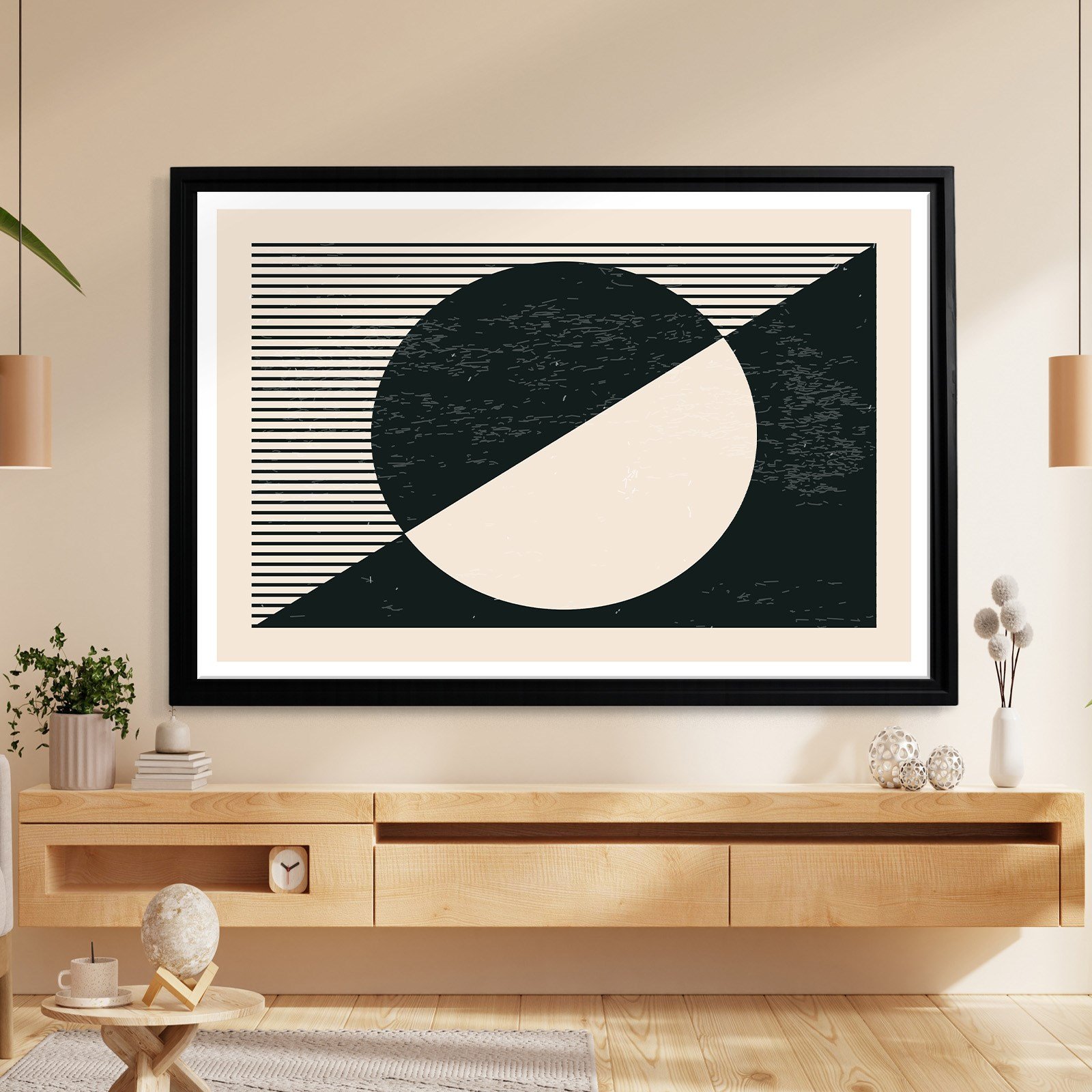 Geometrik Denge – Siyah ve Krem Bohem Soyut Kanvas Tablo