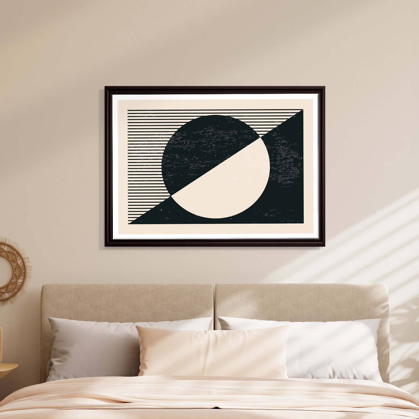 Geometrik Denge – Siyah ve Krem Bohem Soyut Kanvas Tablo