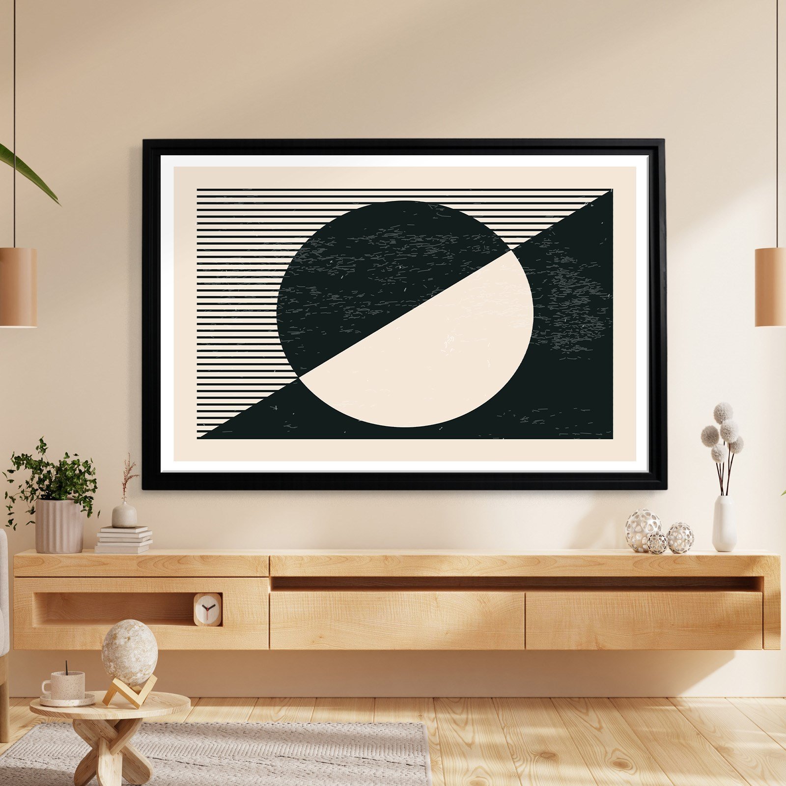 Geometrik Denge – Siyah ve Krem Bohem Soyut Kanvas Tablo
