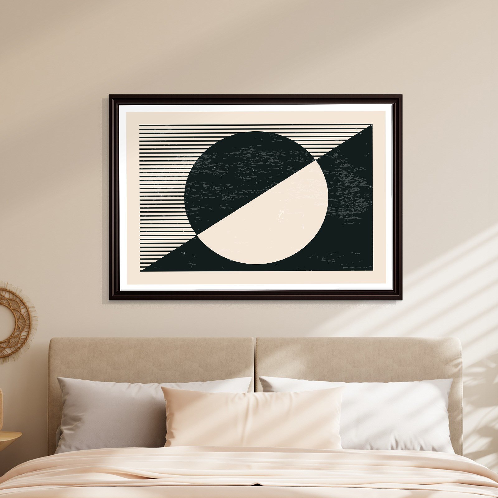 Geometrik Denge – Siyah ve Krem Bohem Soyut Kanvas Tablo