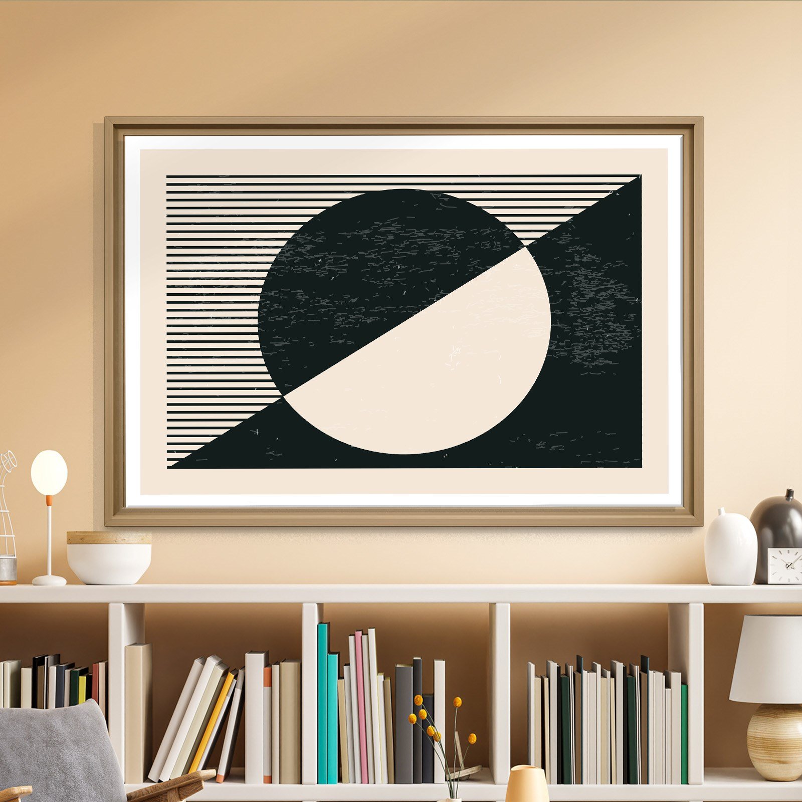 Geometrik Denge – Siyah ve Krem Bohem Soyut Kanvas Tablo