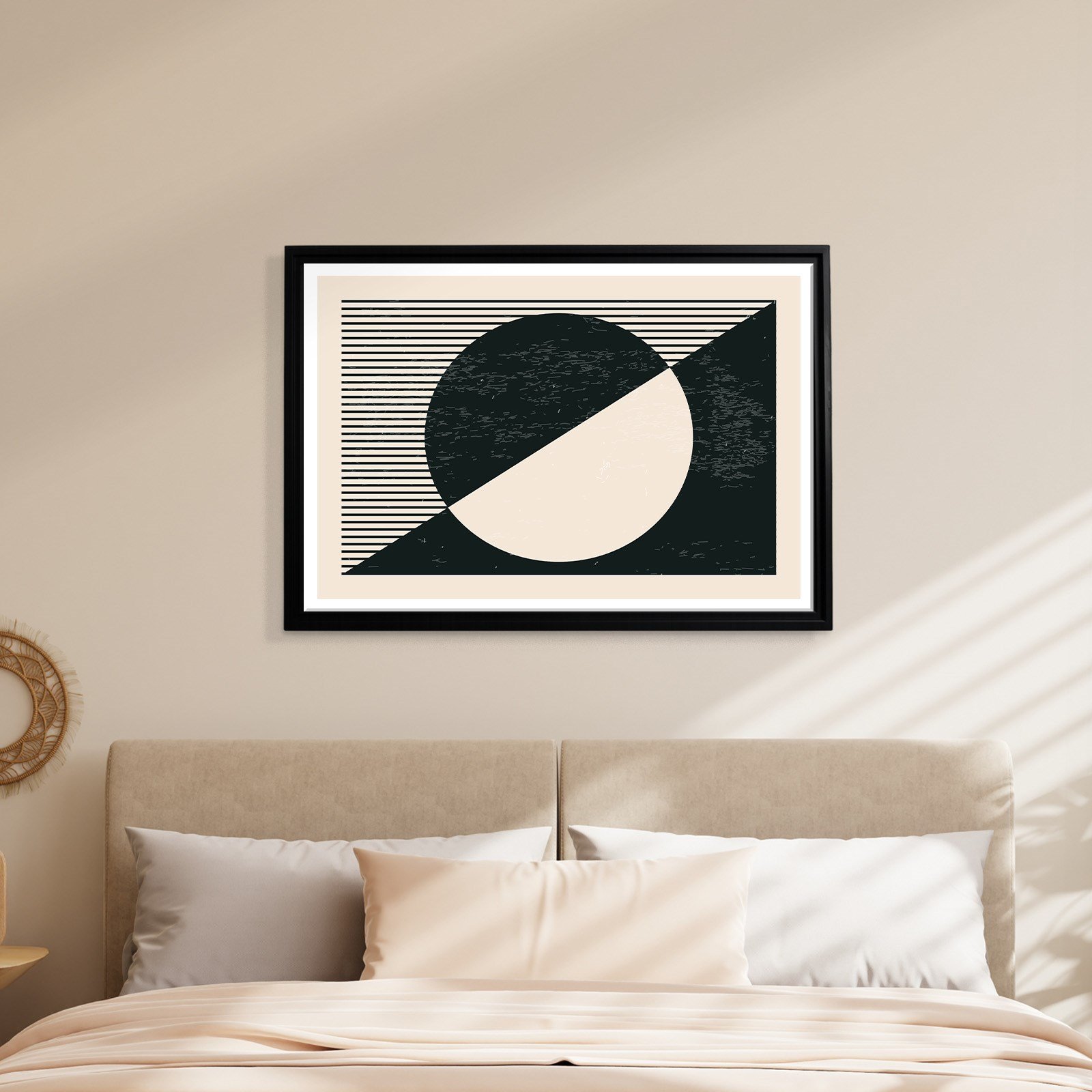 Geometrik Denge – Siyah ve Krem Bohem Soyut Kanvas Tablo