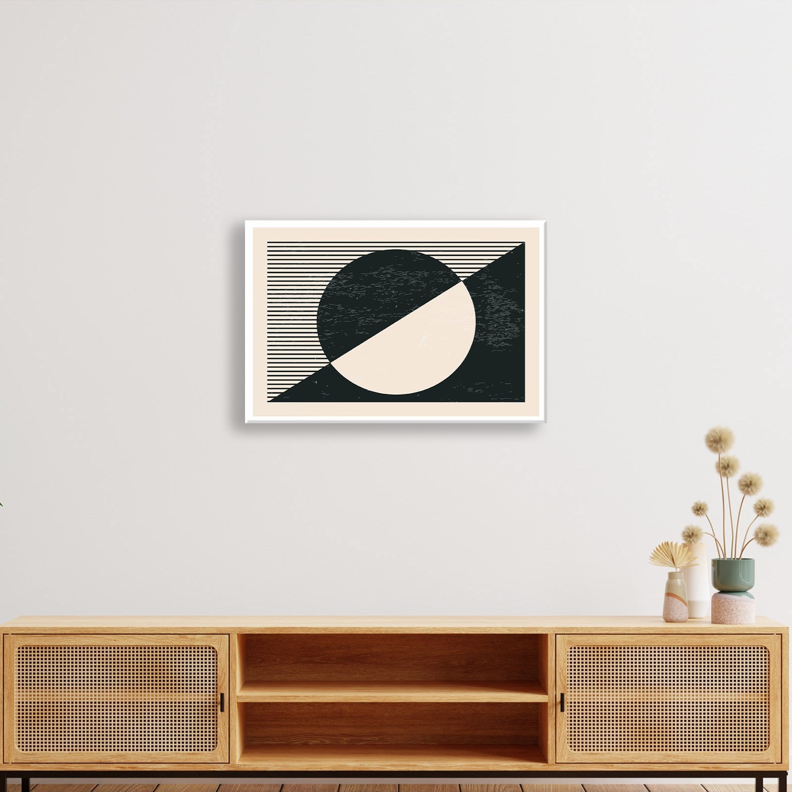 Geometrik Denge – Siyah ve Krem Bohem Soyut Kanvas Tablo