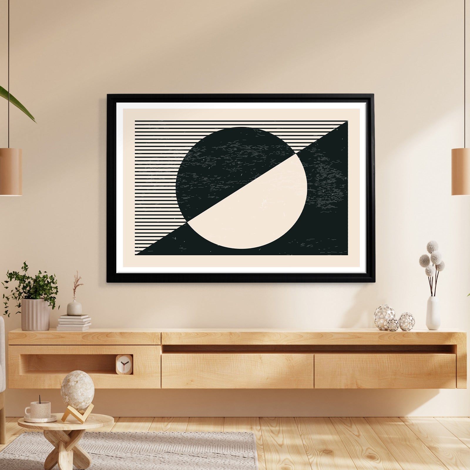 Geometrik Denge – Siyah ve Krem Bohem Soyut Kanvas Tablo
