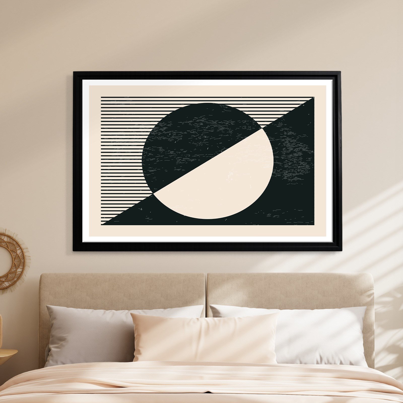 Geometrik Denge – Siyah ve Krem Bohem Soyut Kanvas Tablo