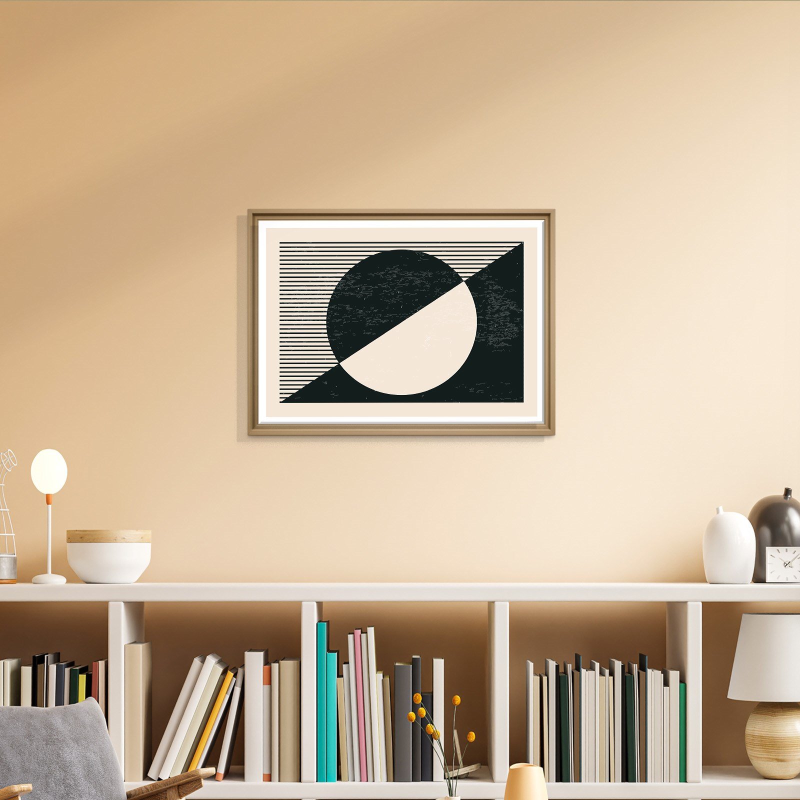 Geometrik Denge – Siyah ve Krem Bohem Soyut Kanvas Tablo