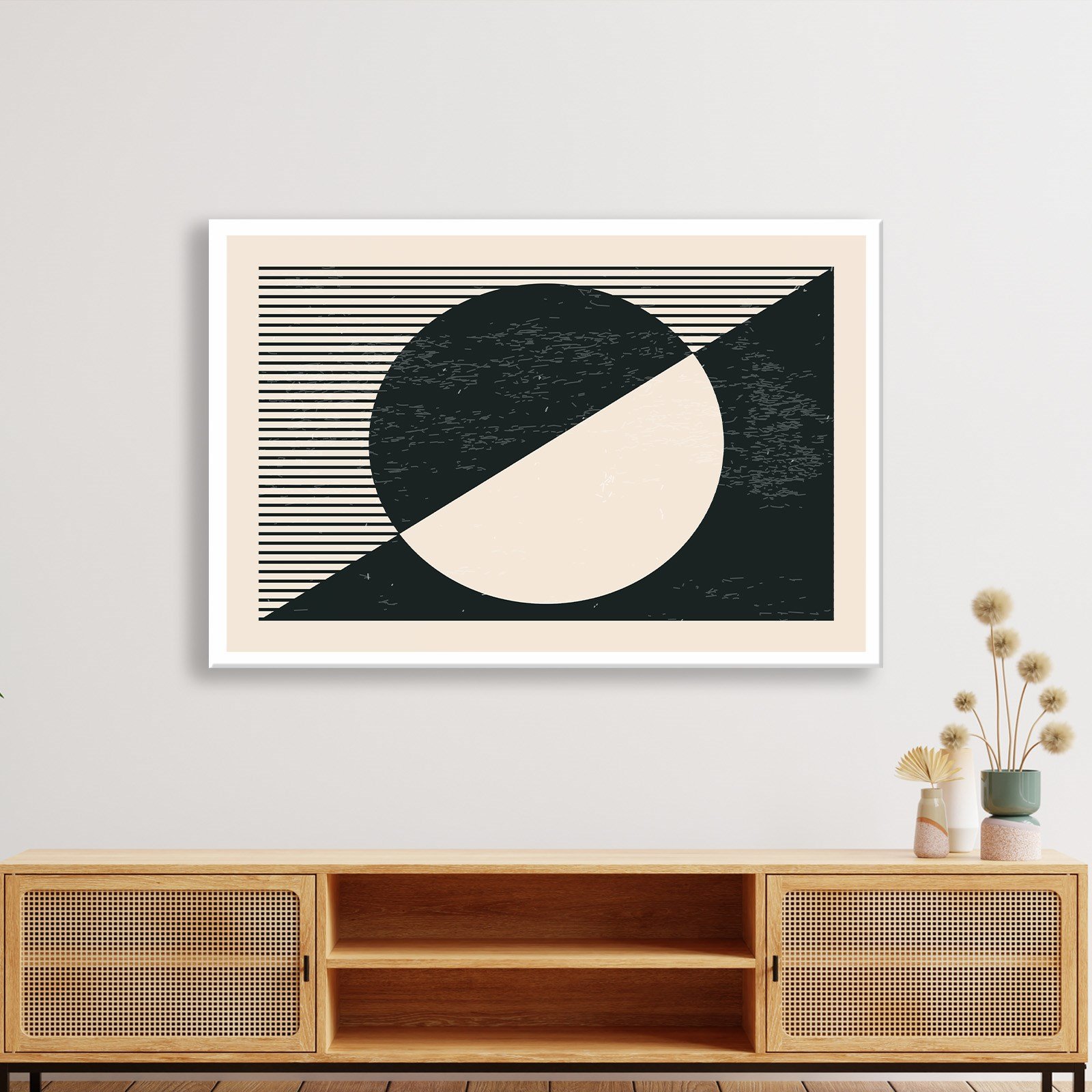 Geometrik Denge – Siyah ve Krem Bohem Soyut Kanvas Tablo
