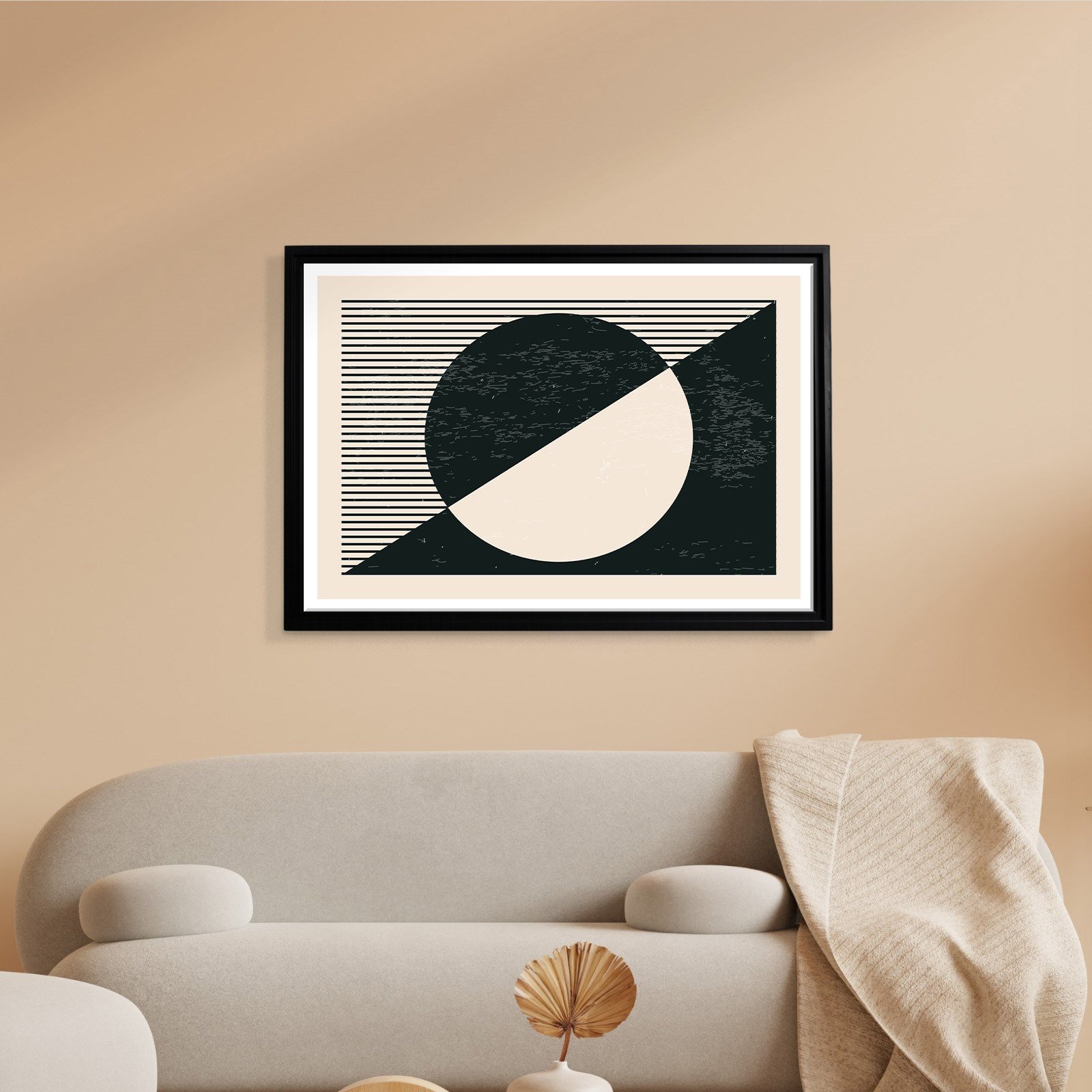 Geometrik Denge – Siyah ve Krem Bohem Soyut Kanvas Tablo