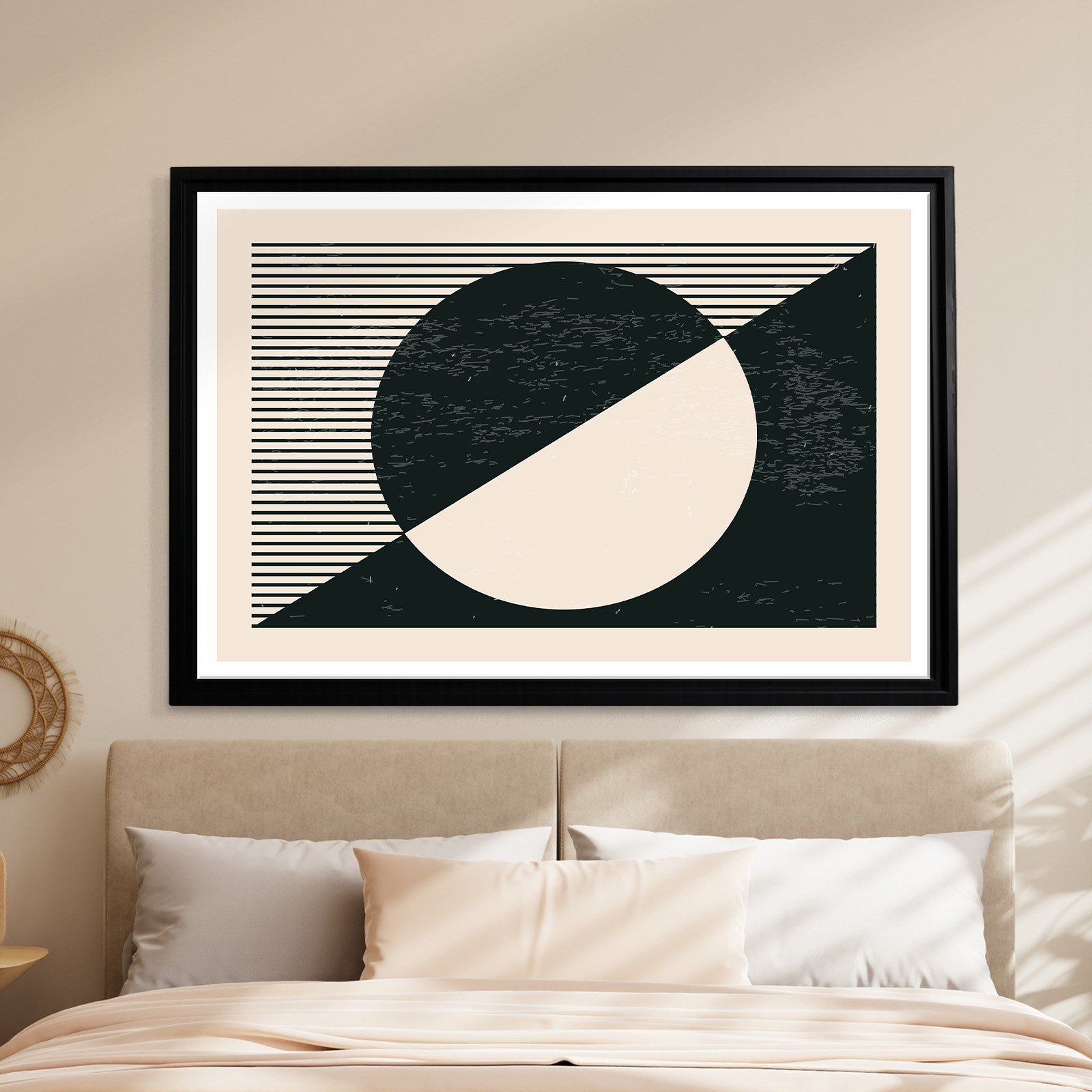 Geometrik Denge – Siyah ve Krem Bohem Soyut Kanvas Tablo