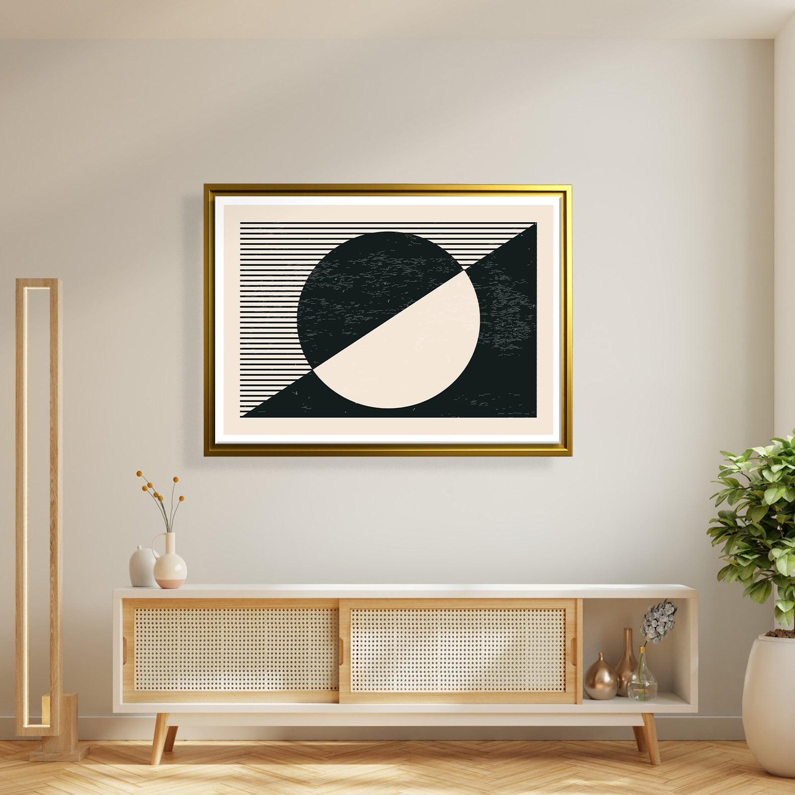Geometrik Denge – Siyah ve Krem Bohem Soyut Kanvas Tablo