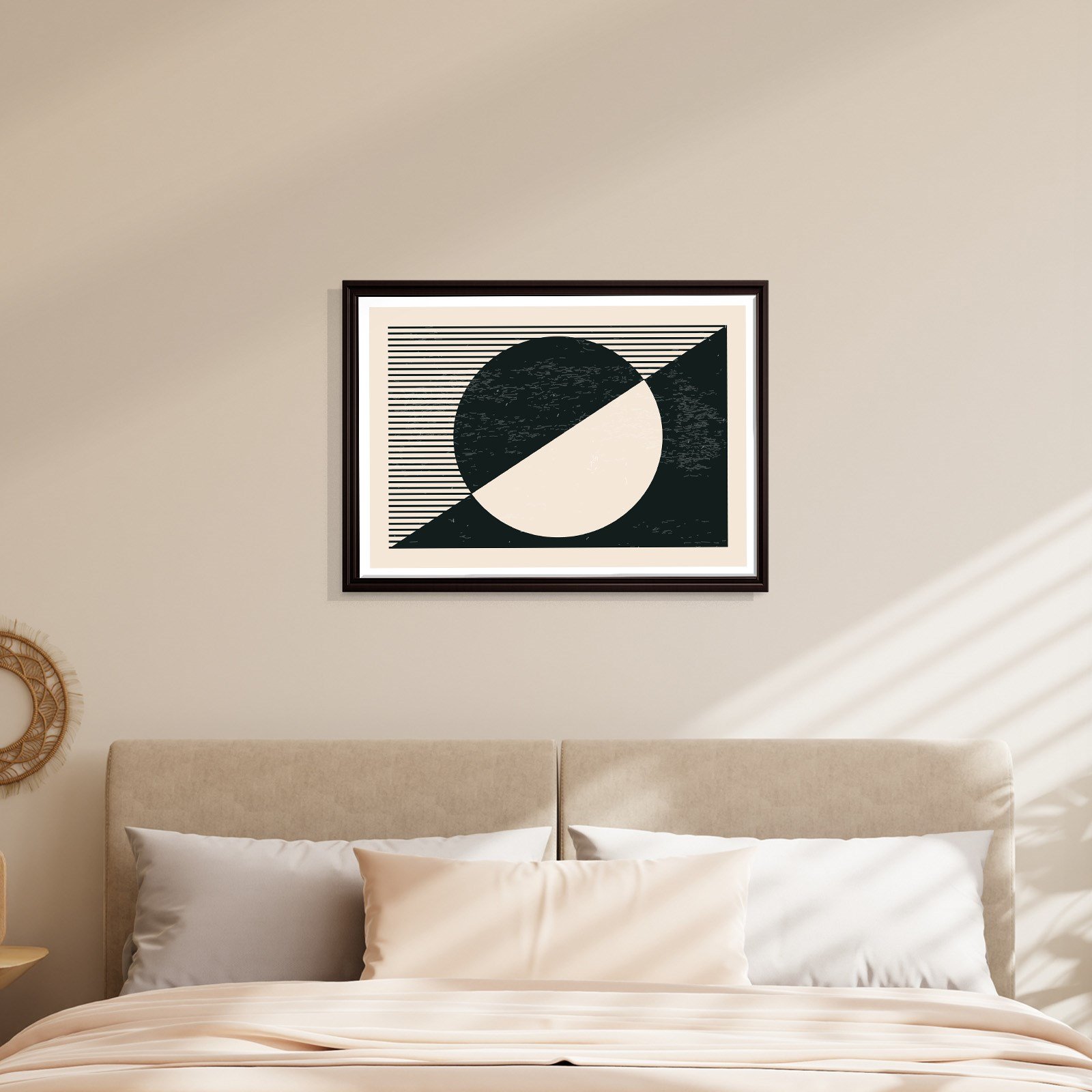 Geometrik Denge – Siyah ve Krem Bohem Soyut Kanvas Tablo