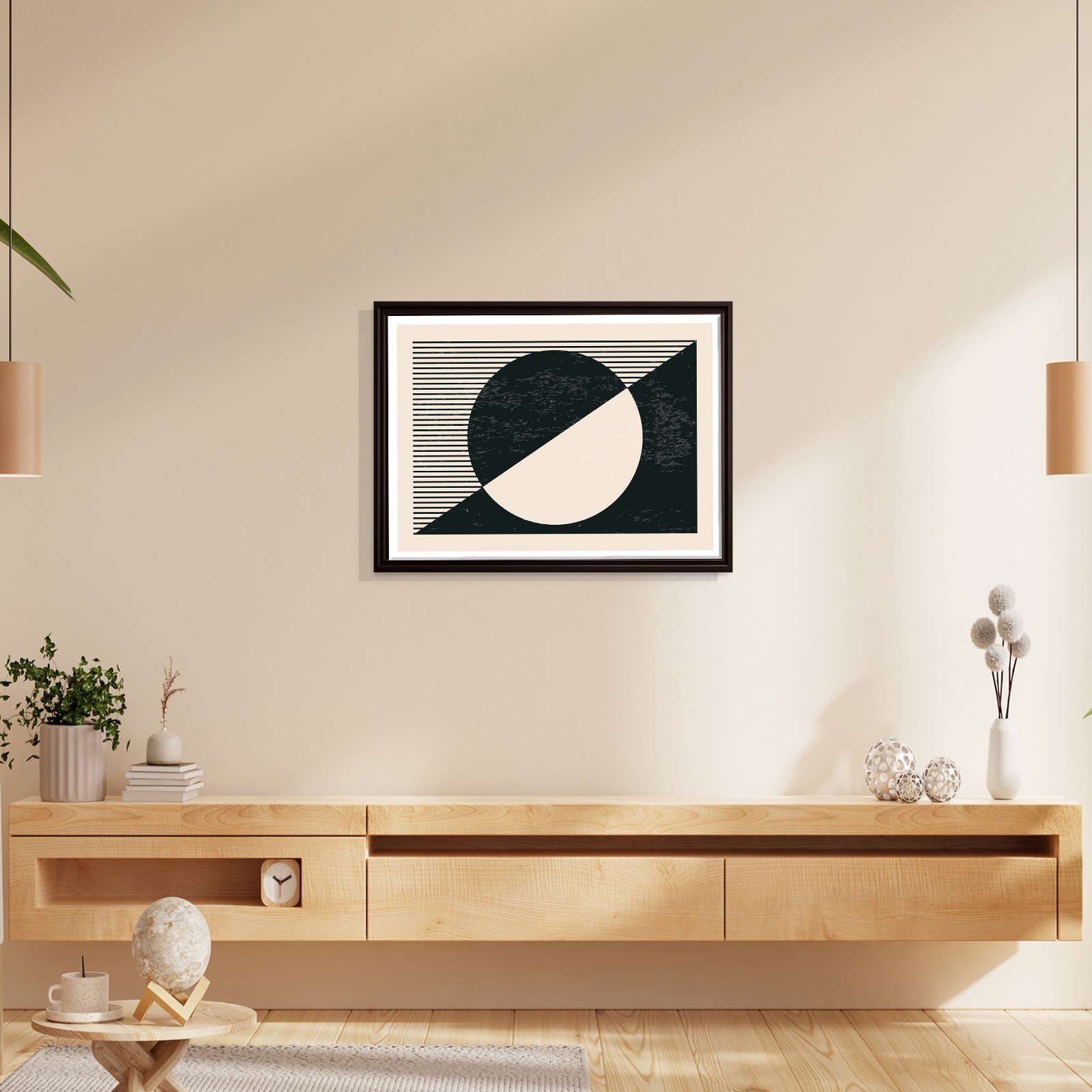 Geometrik Denge – Siyah ve Krem Bohem Soyut Kanvas Tablo
