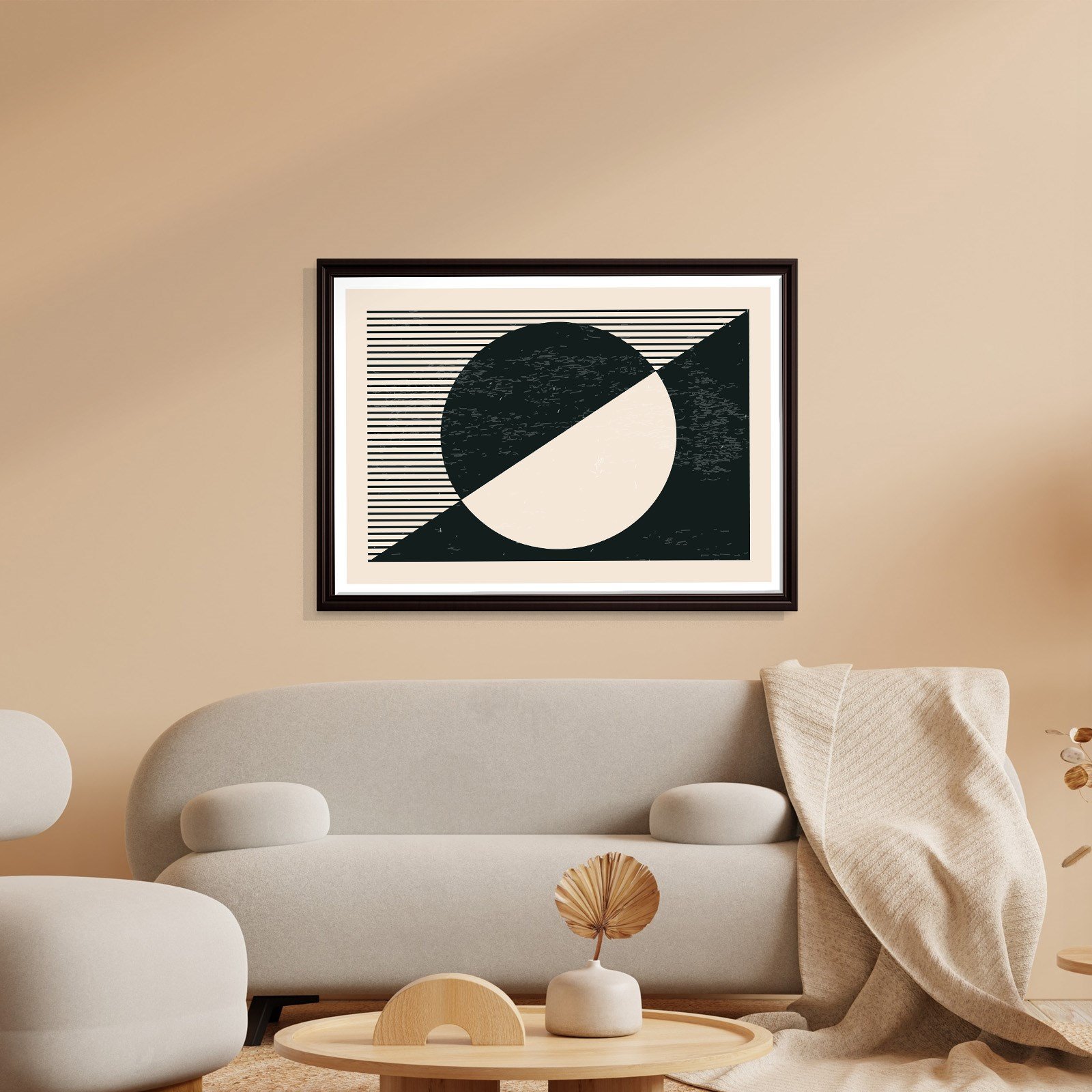 Geometrik Denge – Siyah ve Krem Bohem Soyut Kanvas Tablo