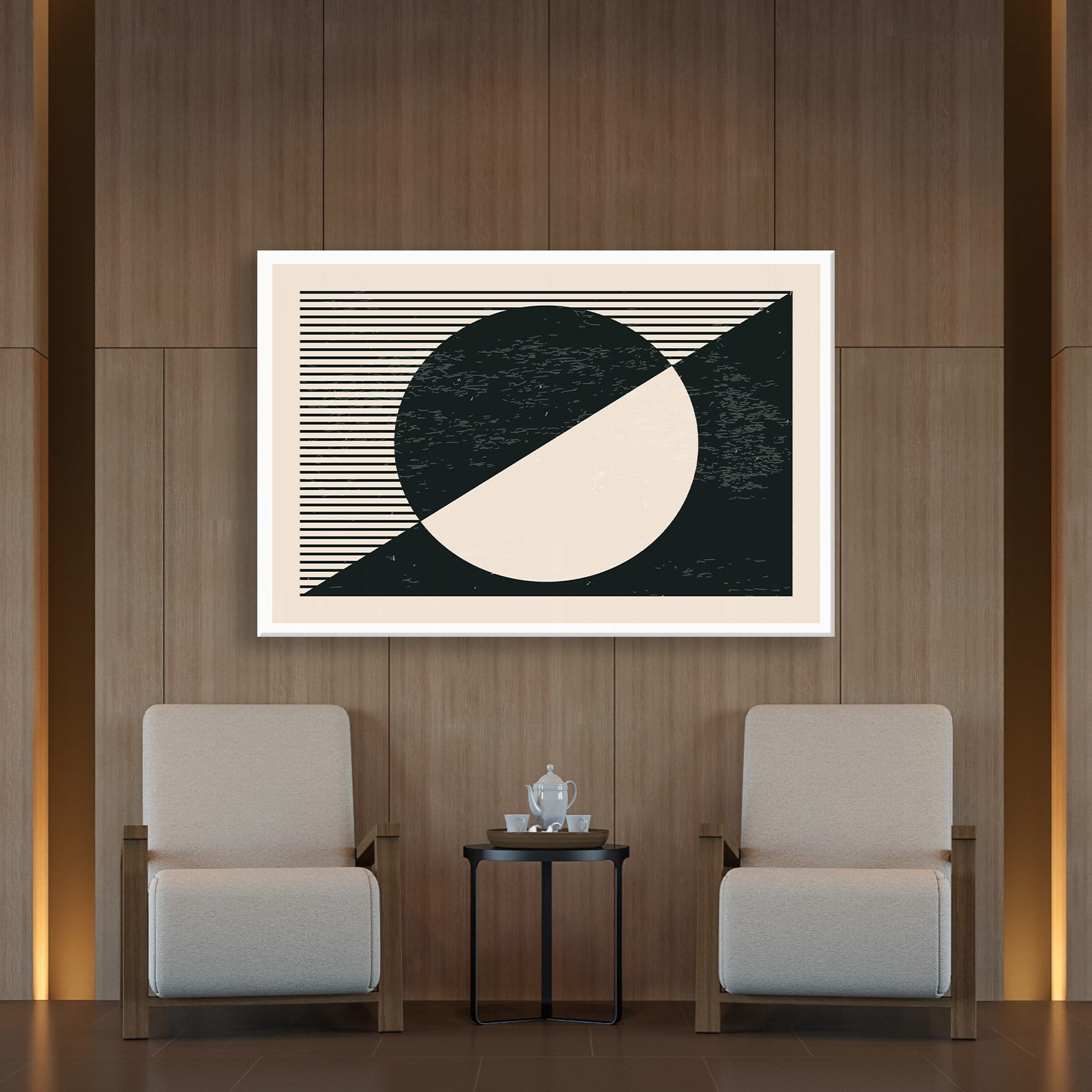 Geometrik Denge – Siyah ve Krem Bohem Soyut Kanvas Tablo
