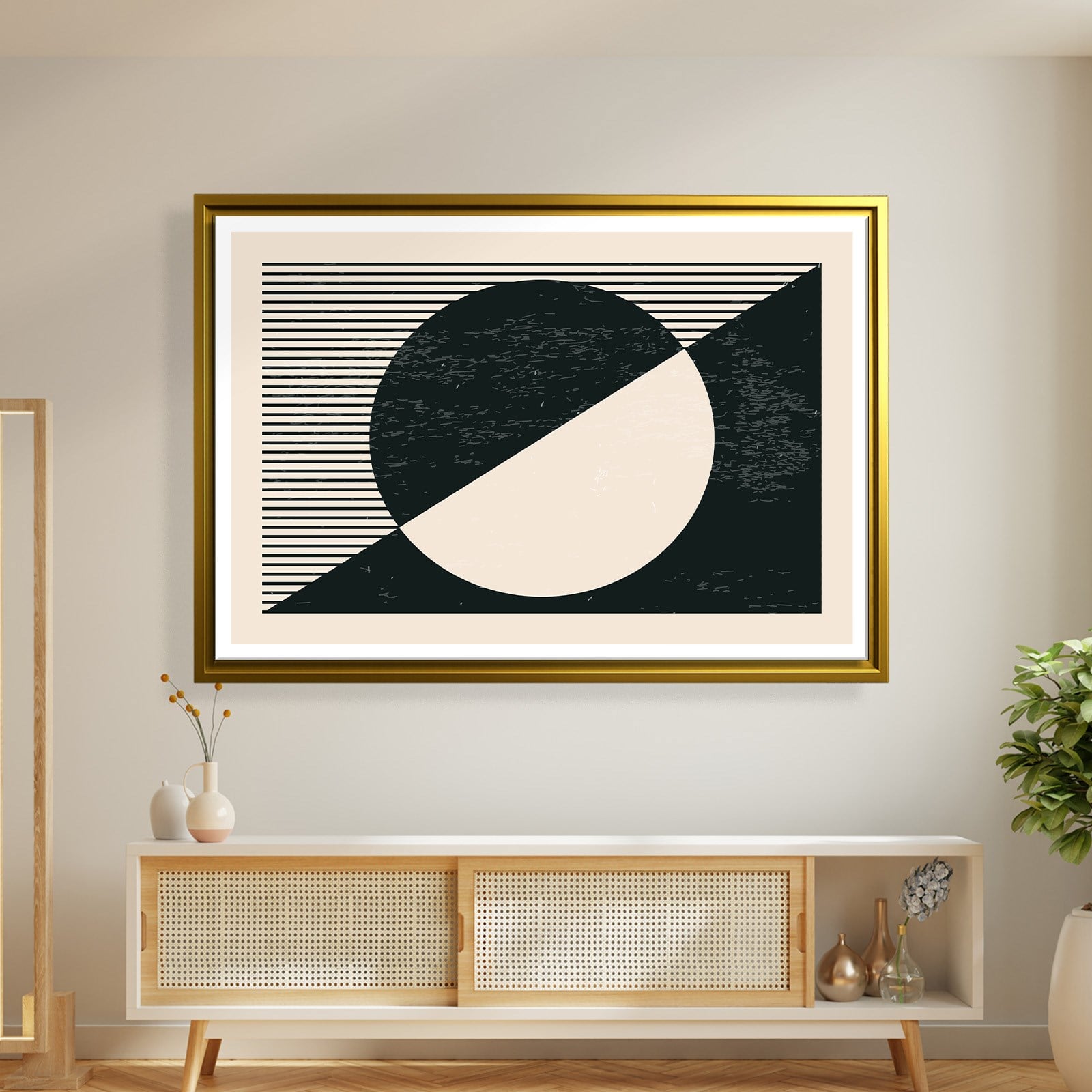 Geometrik Denge – Siyah ve Krem Bohem Soyut Kanvas Tablo