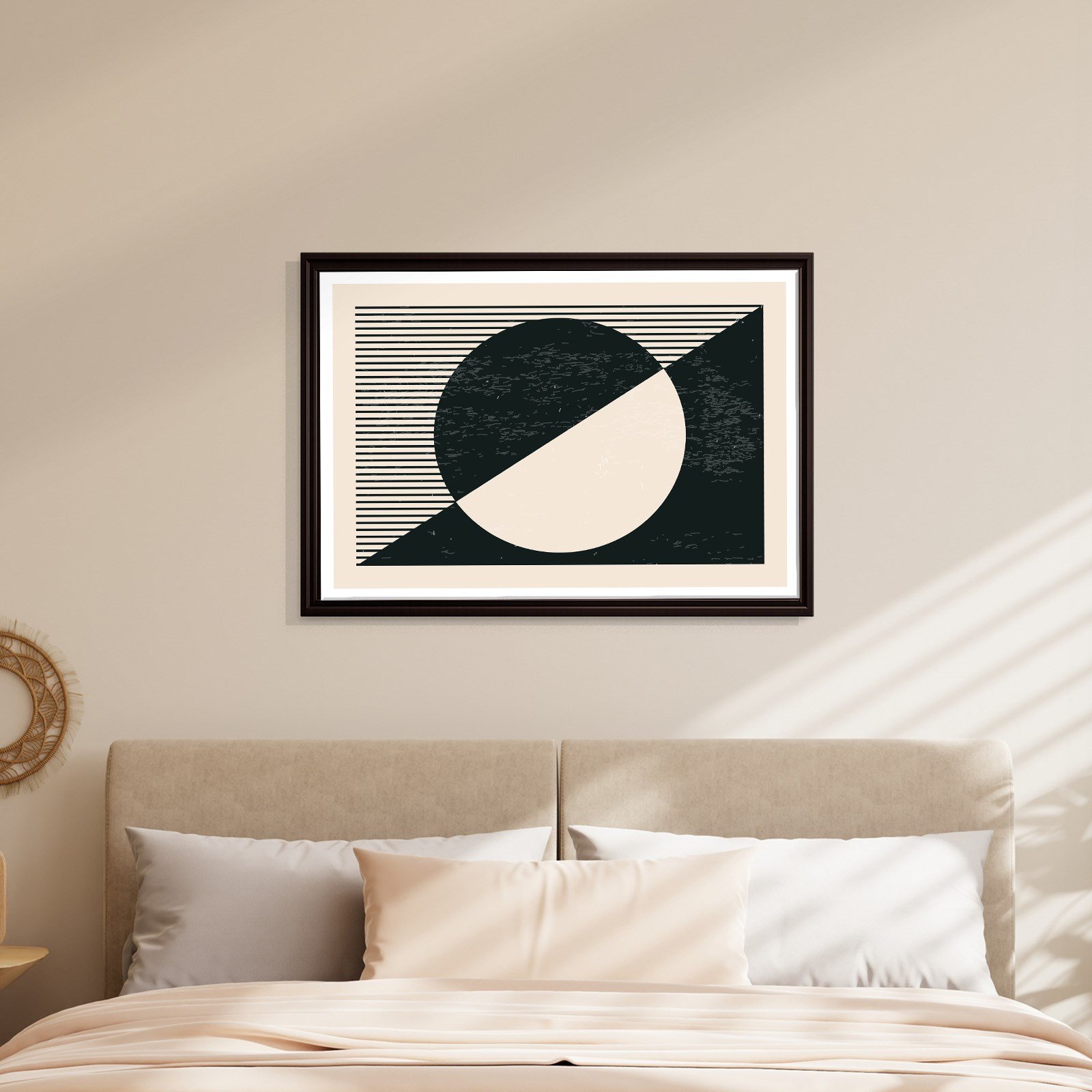 Geometrik Denge – Siyah ve Krem Bohem Soyut Kanvas Tablo