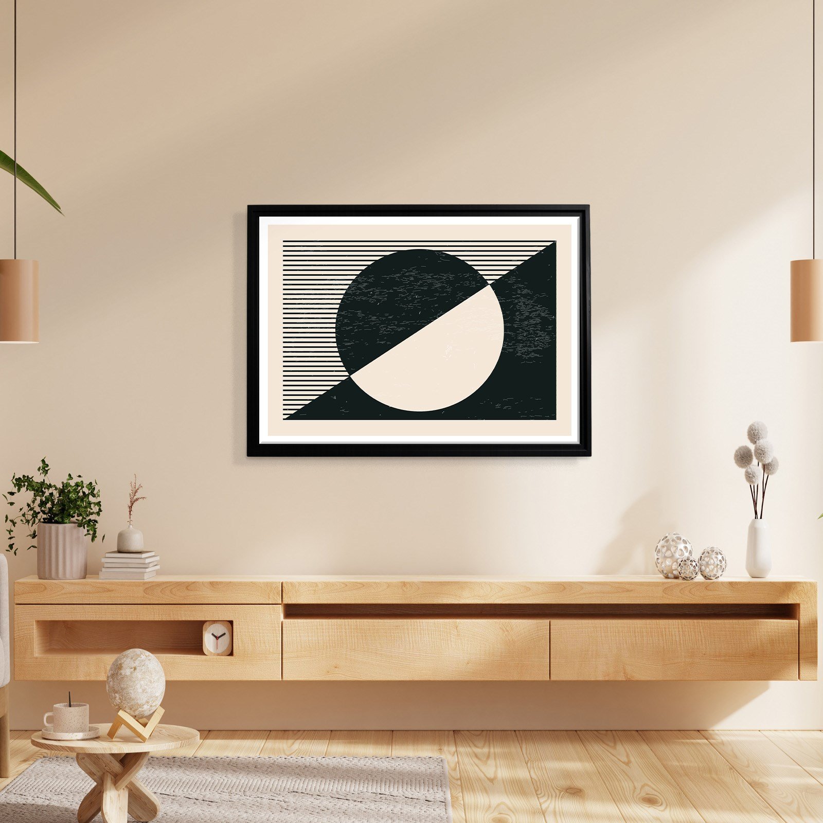 Geometrik Denge – Siyah ve Krem Bohem Soyut Kanvas Tablo