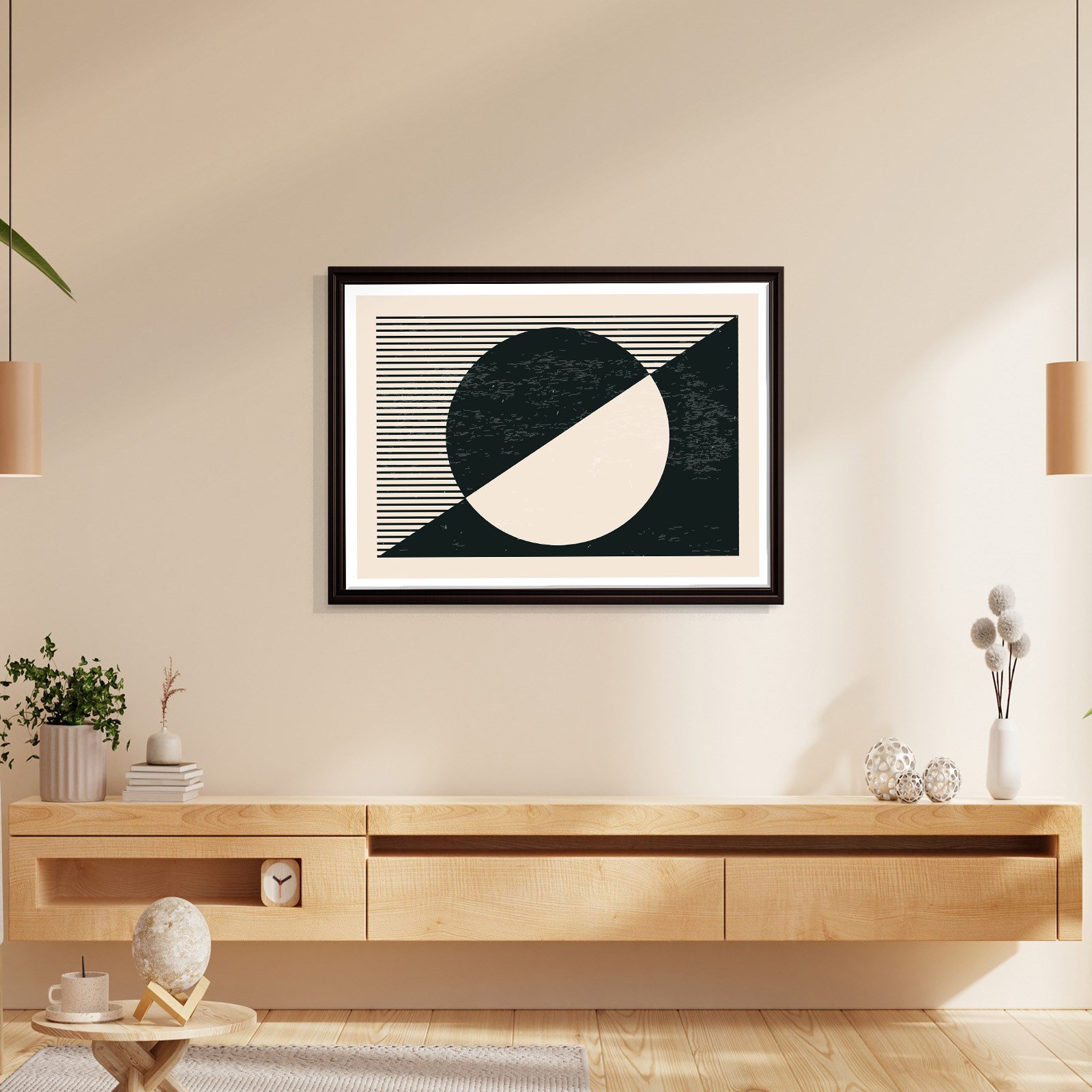 Geometrik Denge – Siyah ve Krem Bohem Soyut Kanvas Tablo