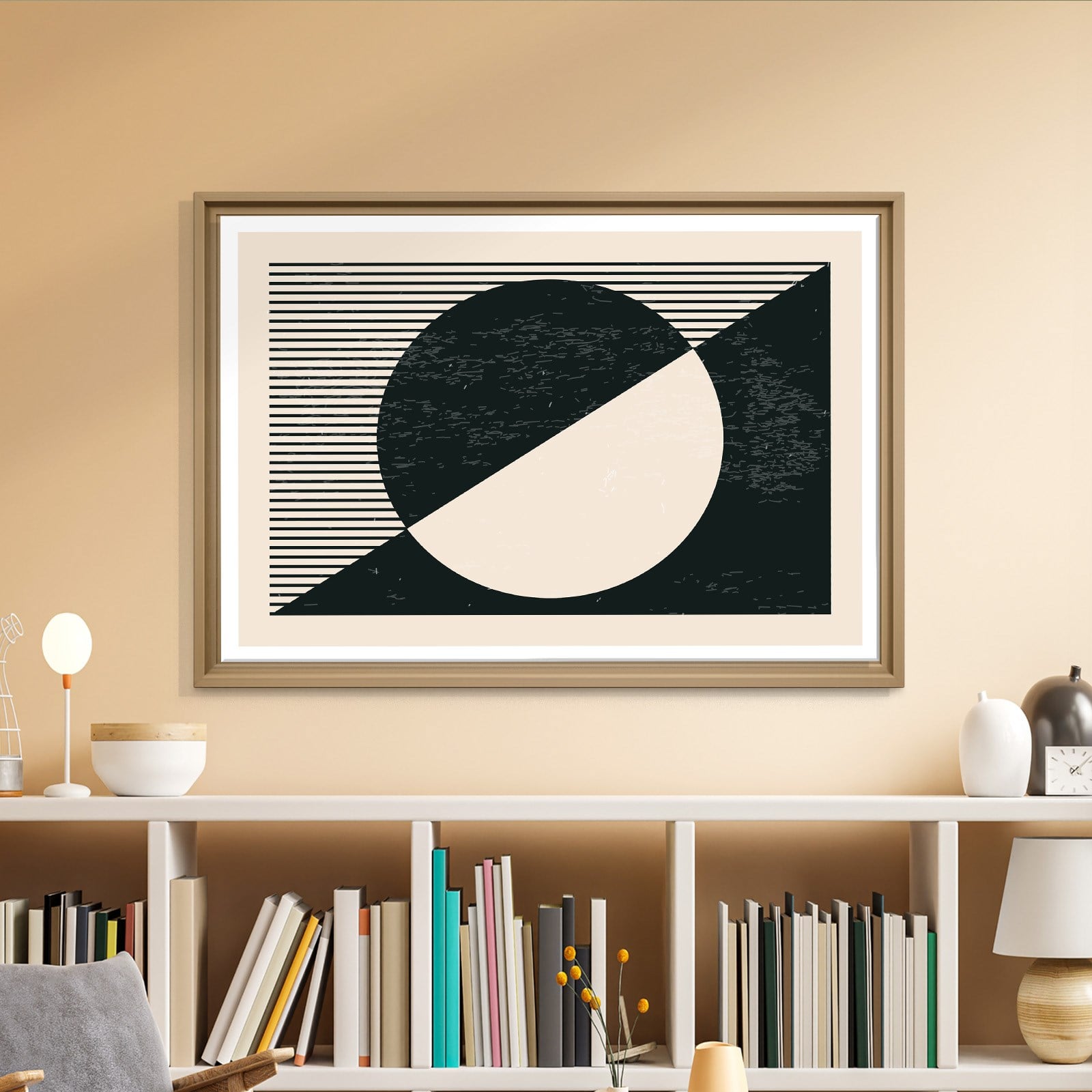 Geometrik Denge – Siyah ve Krem Bohem Soyut Kanvas Tablo