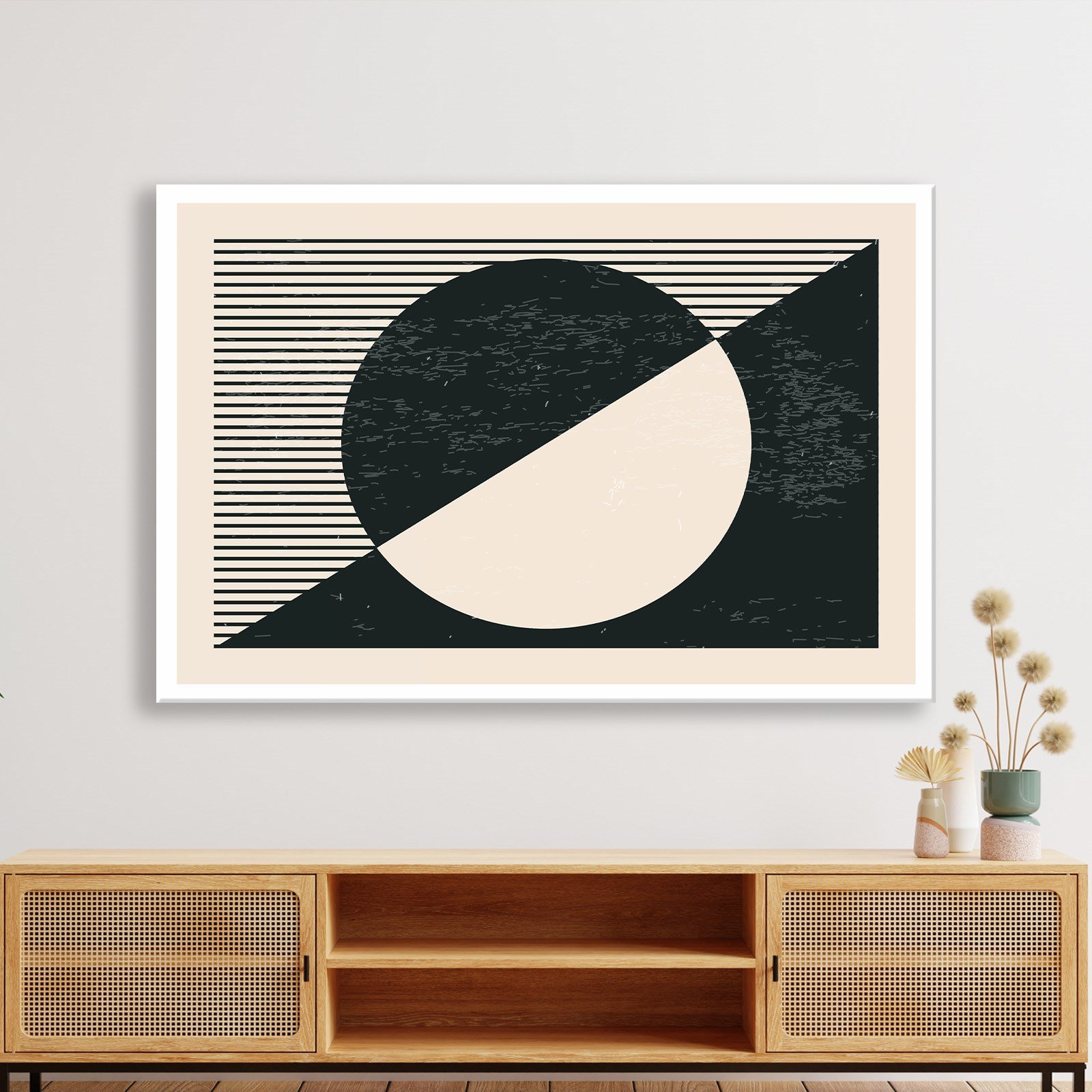 Geometrik Denge – Siyah ve Krem Bohem Soyut Kanvas Tablo