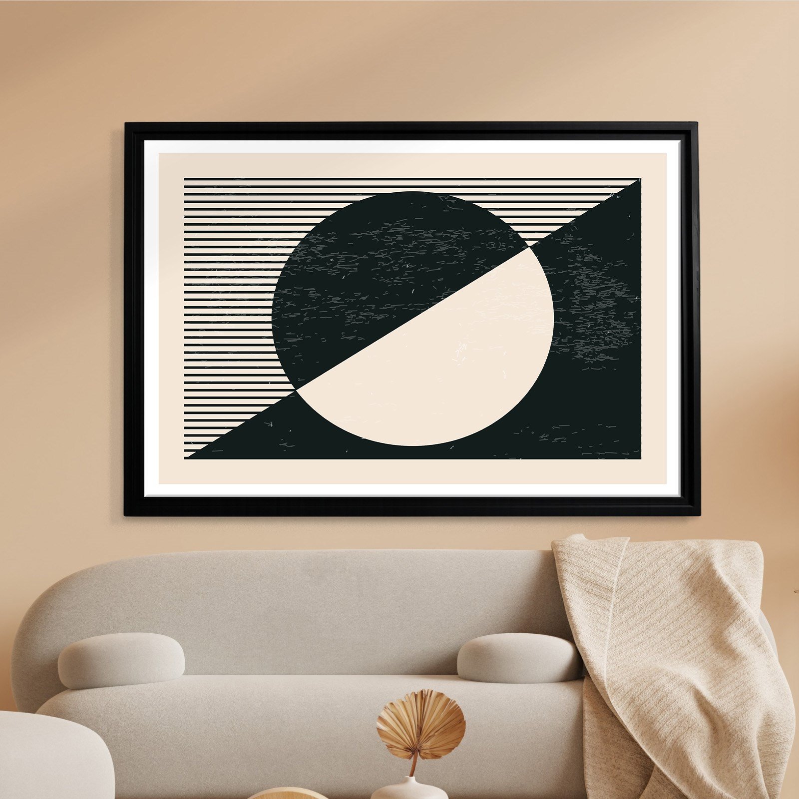 Geometrik Denge – Siyah ve Krem Bohem Soyut Kanvas Tablo