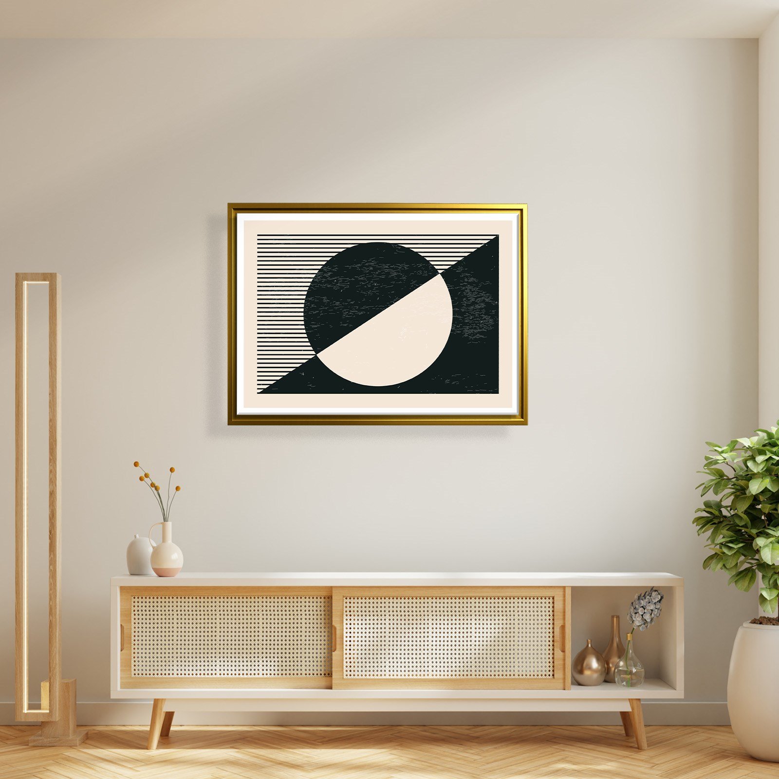 Geometrik Denge – Siyah ve Krem Bohem Soyut Kanvas Tablo