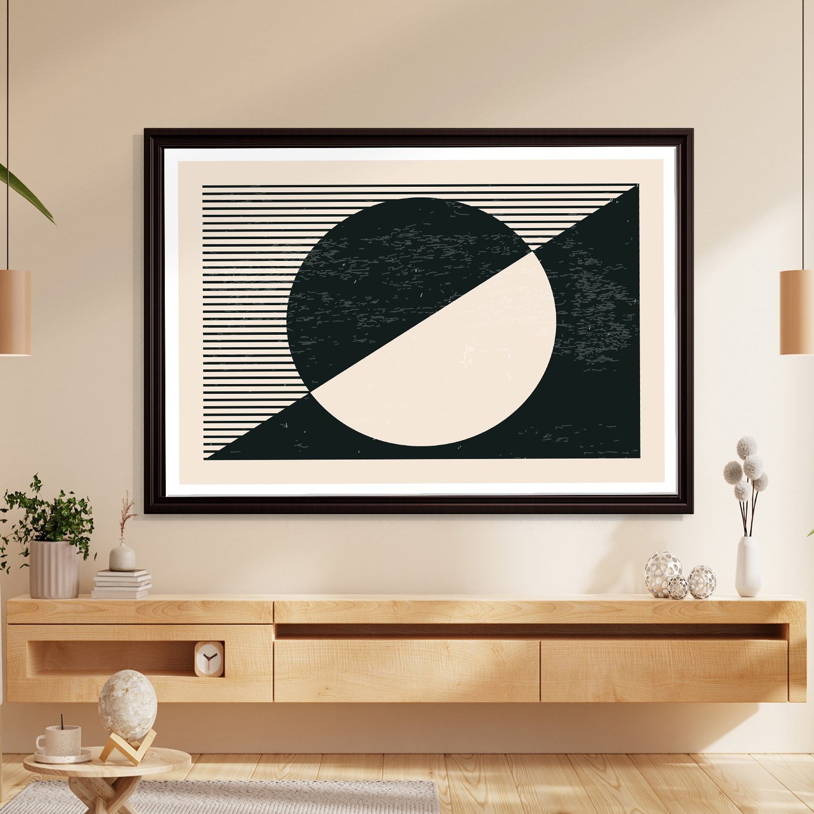 Geometrik Denge – Siyah ve Krem Bohem Soyut Kanvas Tablo