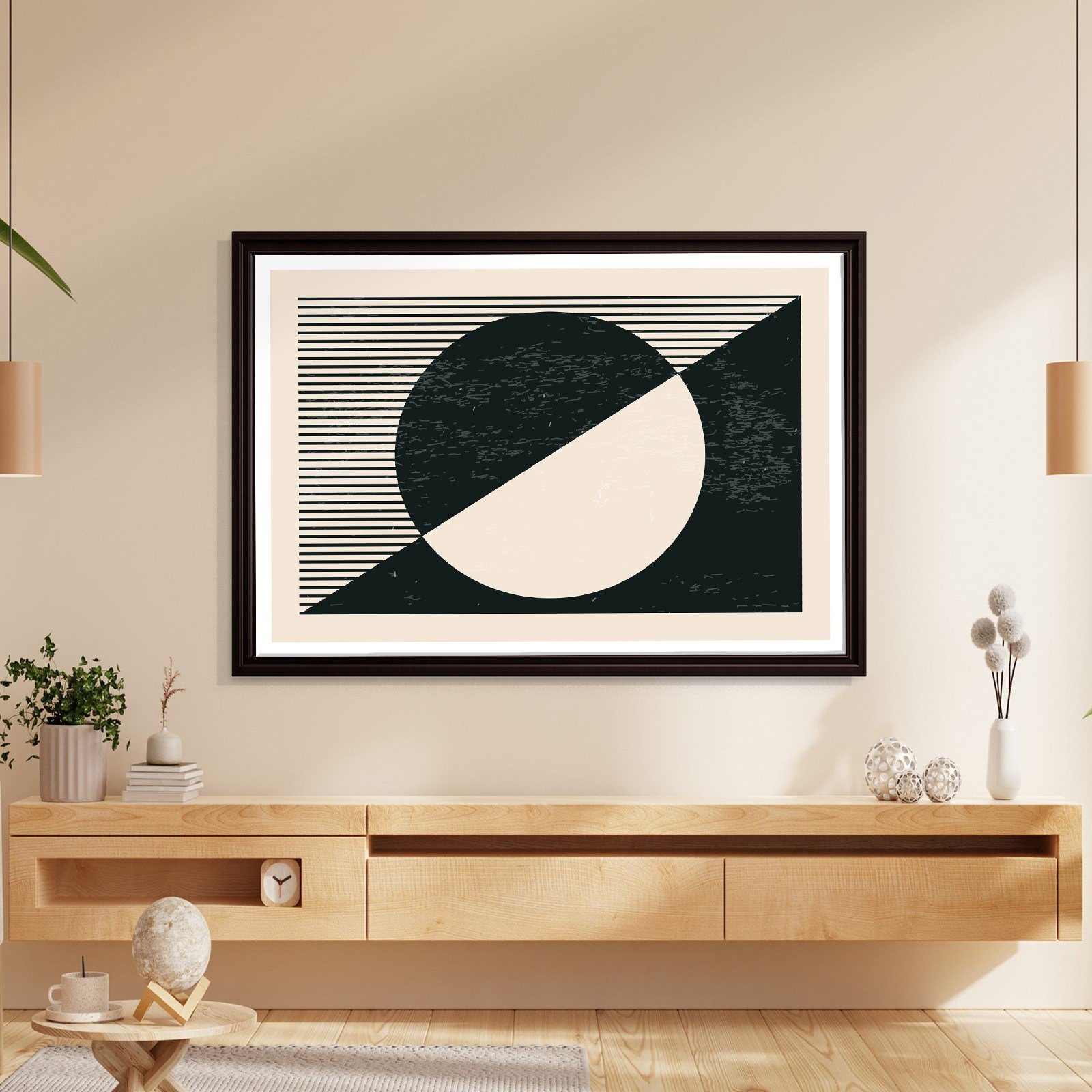 Geometrik Denge – Siyah ve Krem Bohem Soyut Kanvas Tablo