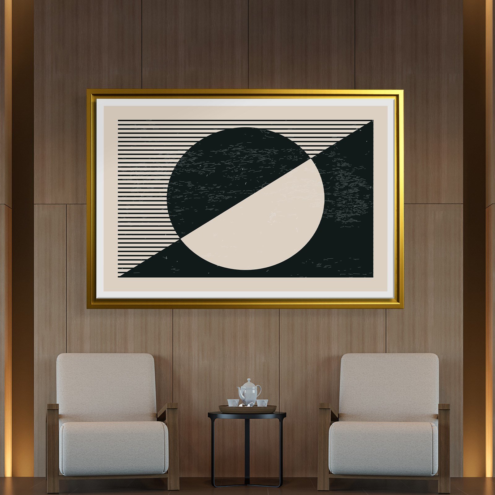 Geometrik Denge – Siyah ve Krem Bohem Soyut Kanvas Tablo