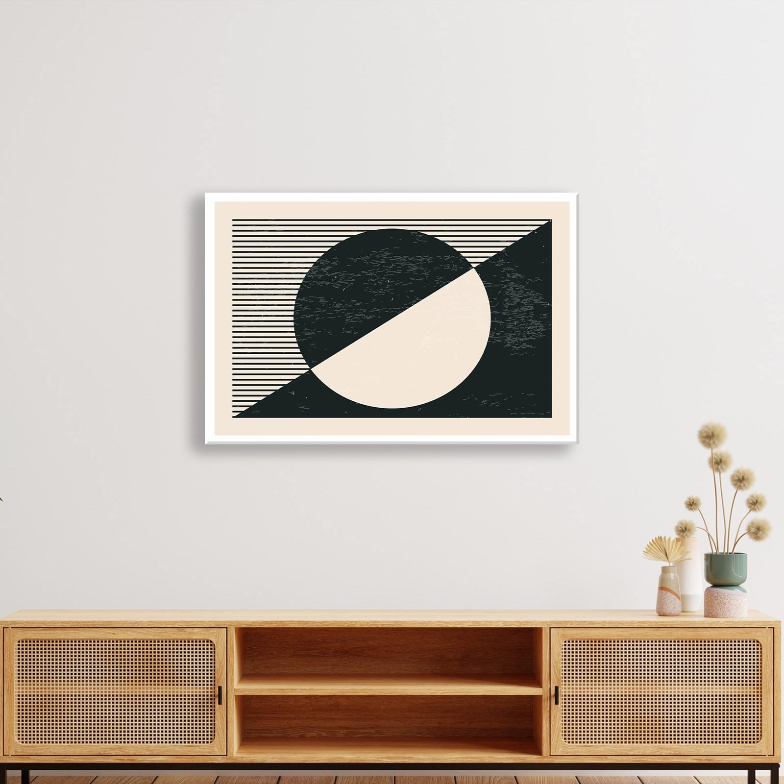 Geometrik Denge – Siyah ve Krem Bohem Soyut Kanvas Tablo