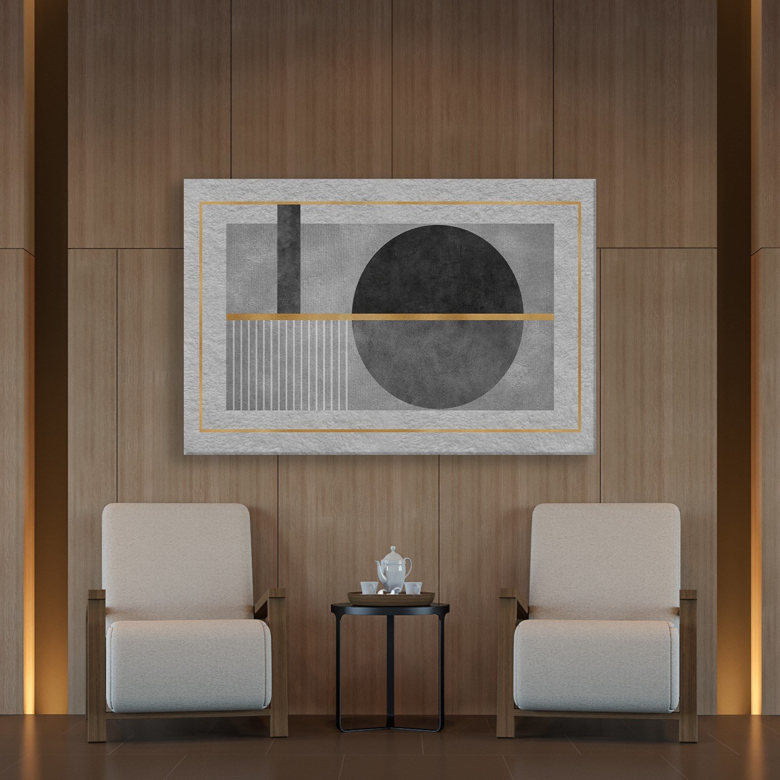 Geometrik Zarafet – Siyah, Gri ve Altın Detaylı Modern Tablo