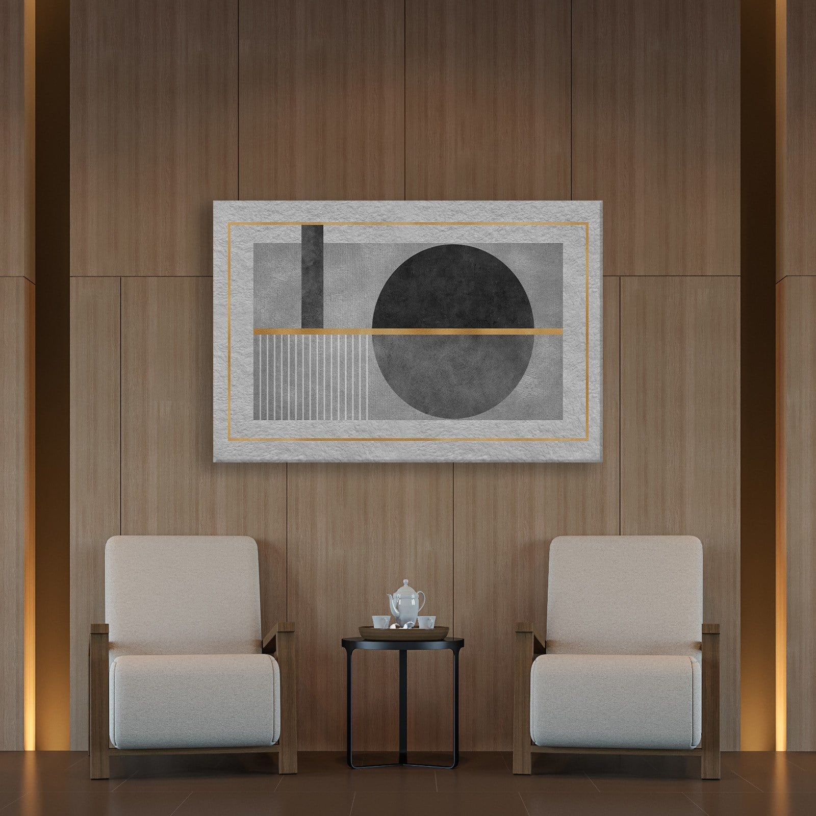 Geometrik Zarafet – Siyah, Gri ve Altın Detaylı Modern Tablo