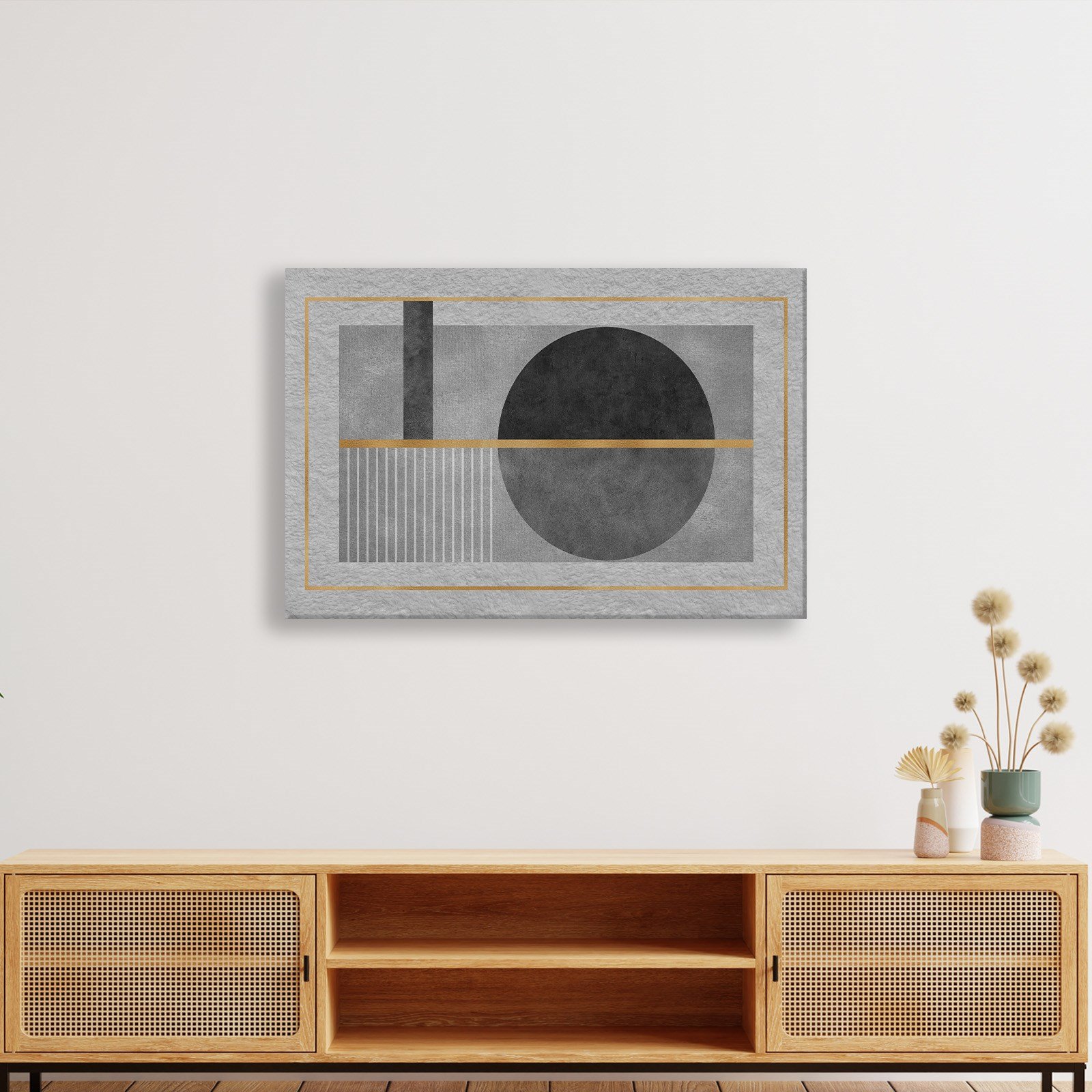 Geometrik Zarafet – Siyah, Gri ve Altın Detaylı Modern Tablo