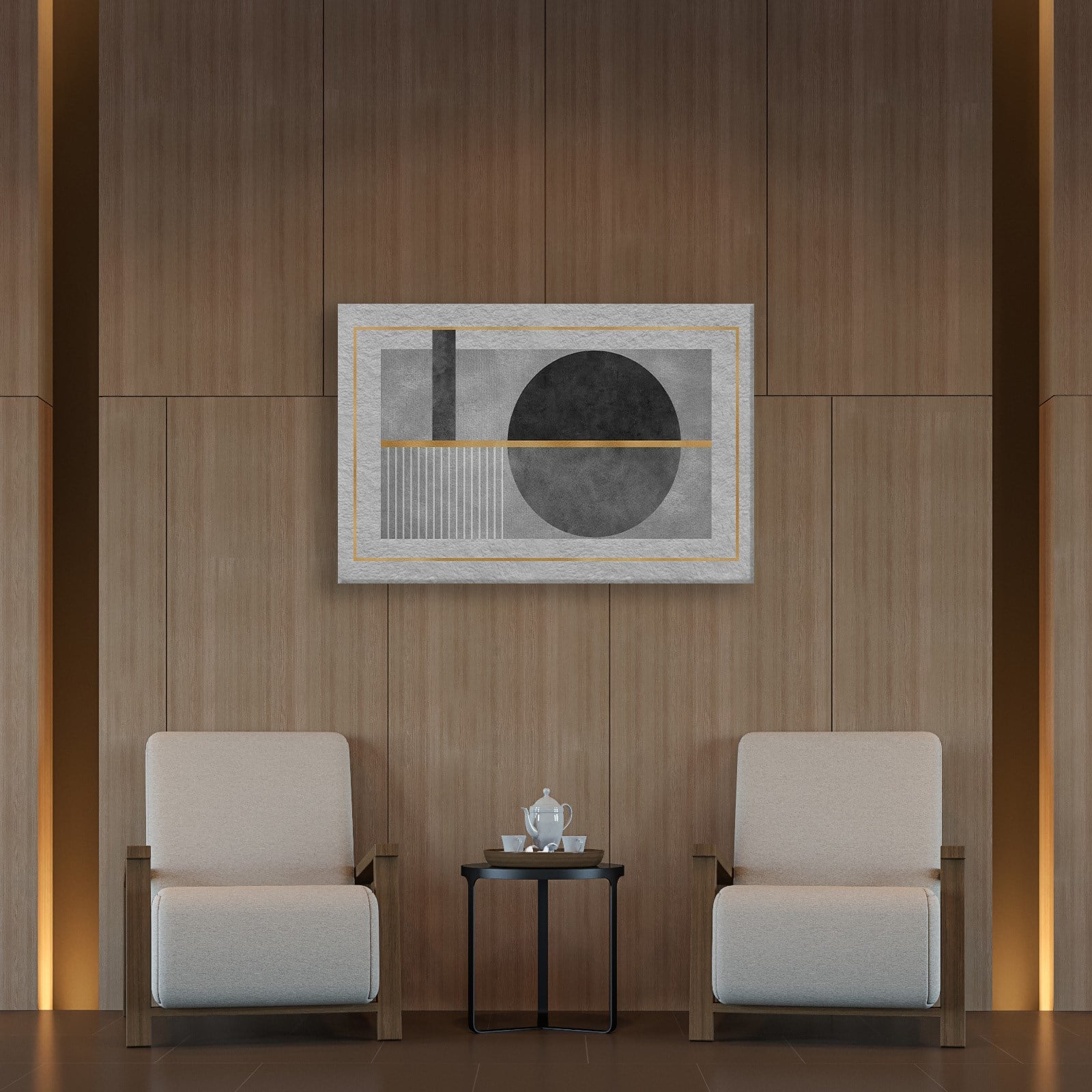 Geometrik Zarafet – Siyah, Gri ve Altın Detaylı Modern Tablo